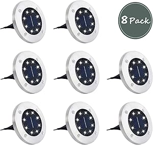 |Solar Ground Lights Outdoor 8Pack| 8 LED Solar Disk Lights,Waterproof,In ground Solar Garden Lights for Pathway Lawn Yard Roads Walkway Driveway - Cold White