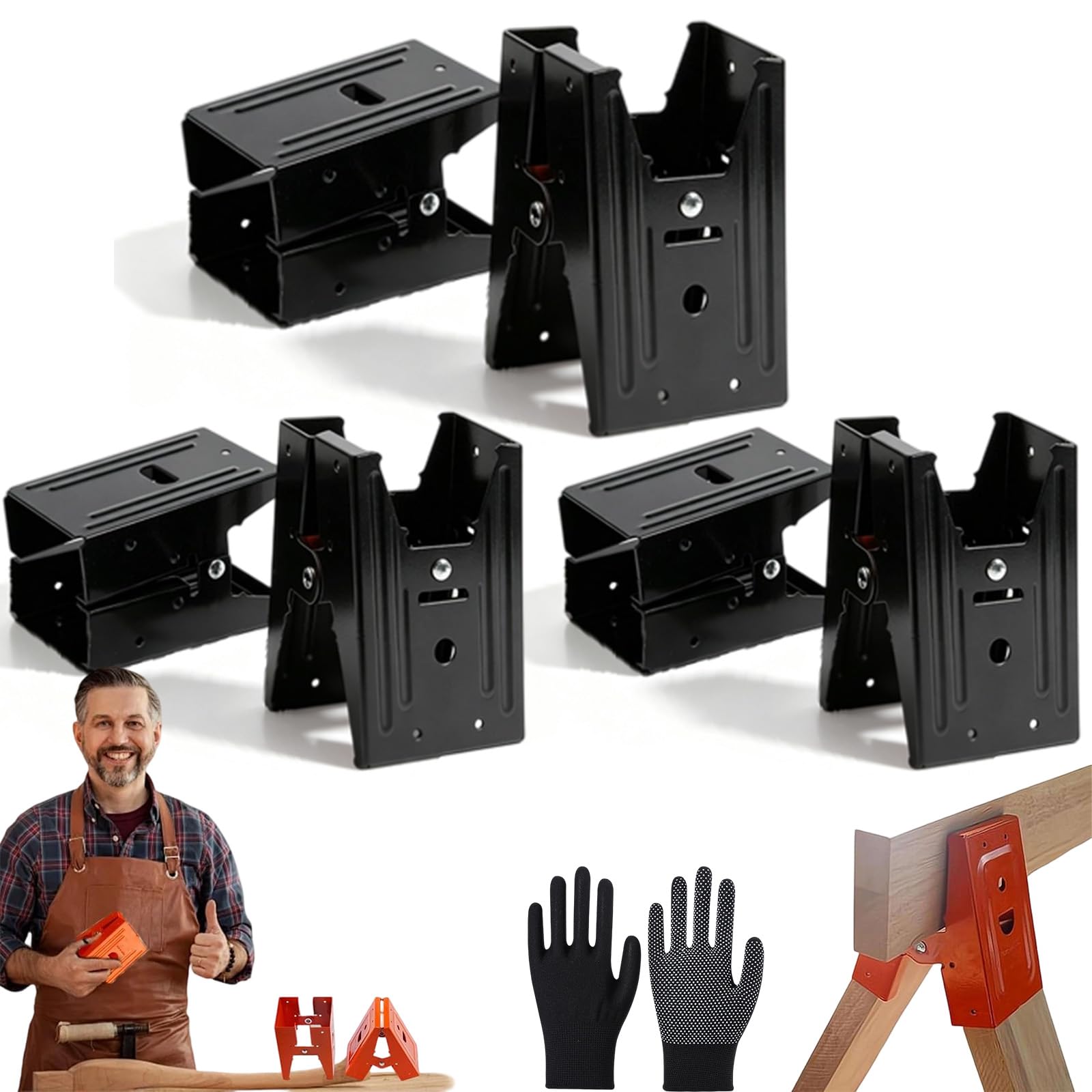 Heavy-Duty Sawhorse Bracket with Down Clamp, Angle Cold Rolled Steel Saw Horse Holder with Anti-Slip Grip, Adjustable Mechanical Sawhorse Brackets, for Woodworking & DIY (6-Black)