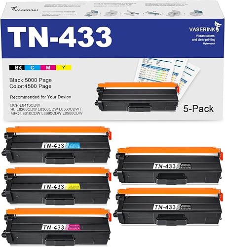 TN-433 - Cartucho de tóner de alto rendimiento a color paquete de 5 2BK1C1M1Y VASEINK compatible con impresora Brother TN433 DCP-8060 8065DN HL-5240