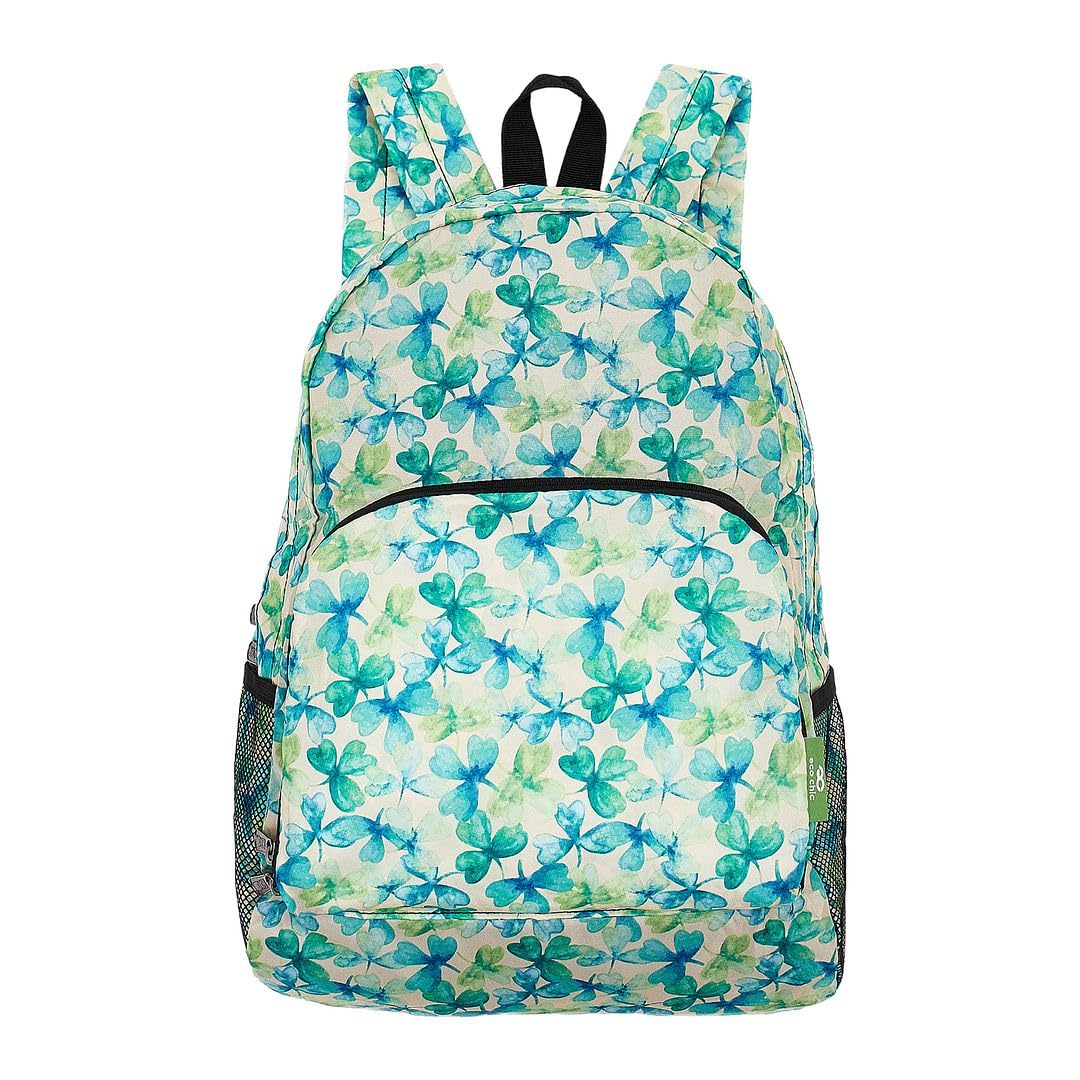 ECO CHIC Lightweight Foldable Water Resistant Backpack Rucksack Folds into Pouch for Storage (Shamrocks Beige)
