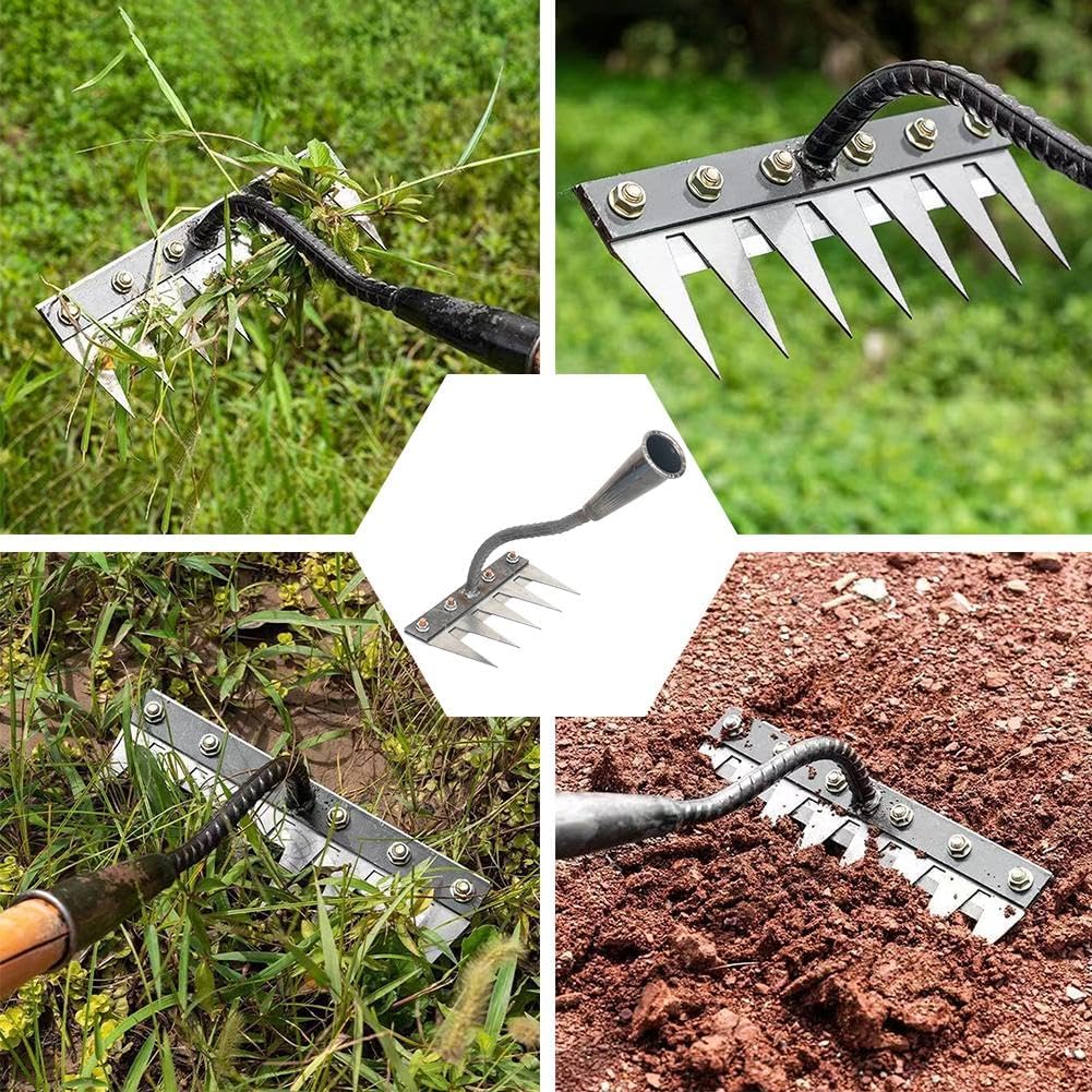 Rastrillo Malas Hierbas,Rastrillo de Hierro de Acero Grueso para JardineríA Y Deshierbe Herramienta de Deshierbe de JardíN Resistente de 8 Dientes Rastrillo de Mano de Acero Al Manganeso