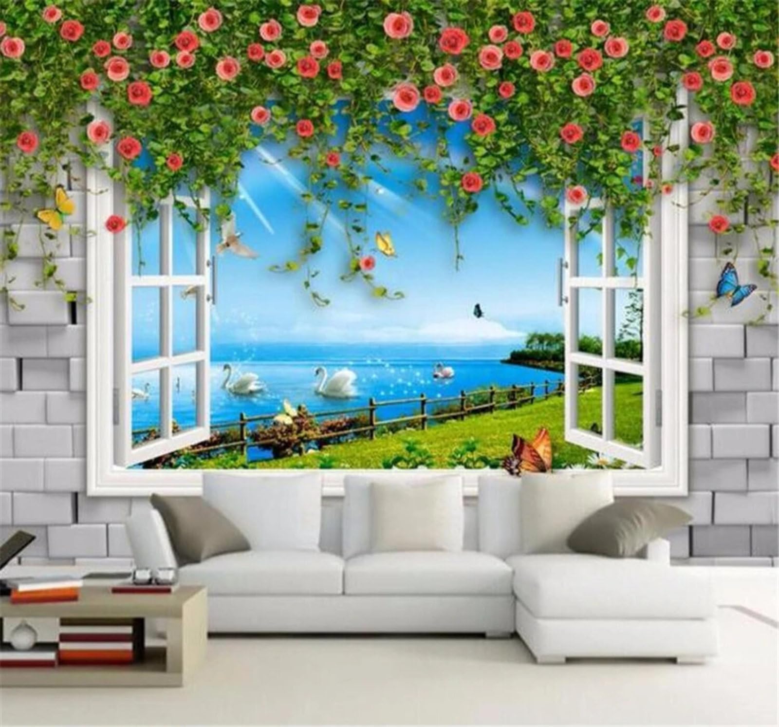 Xlming 350Cm×256Cm(B×H) Brick Wall Window Rose Vine Lake Landscape 3D Wallpaper Luxury Home Dining Decor Paste Sofa Living Room The Wall For Bedroom Mural-350Cm×256Cm