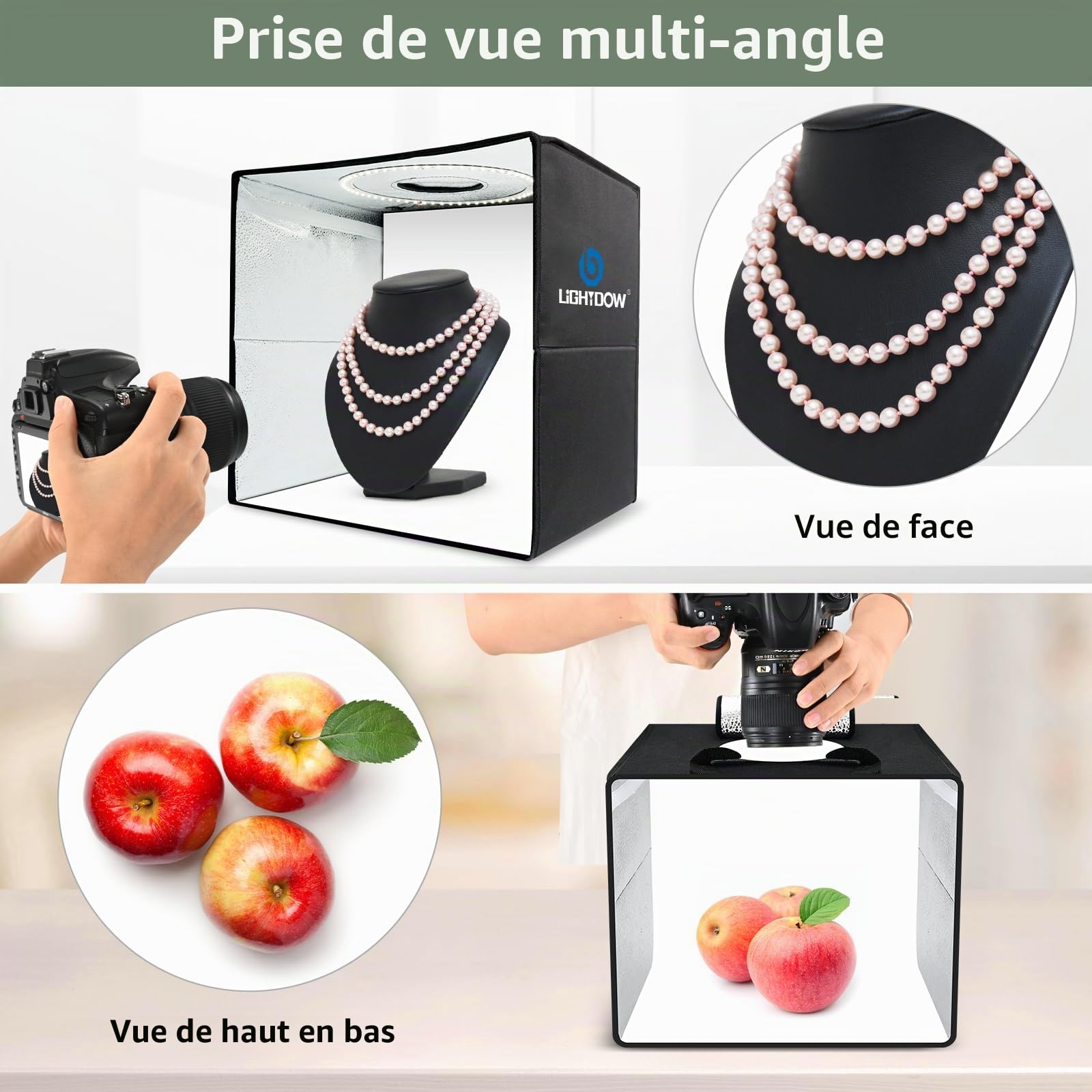 Lightdow Boîte à lumière de studio photo 40,6 x 40,6 x 30,5 cm avec 120 LED (IRC > 95), 6 toiles de fond – Portable/à intensité variable/tente de prise de vue pliante polyvalente pour jouets/bijoux