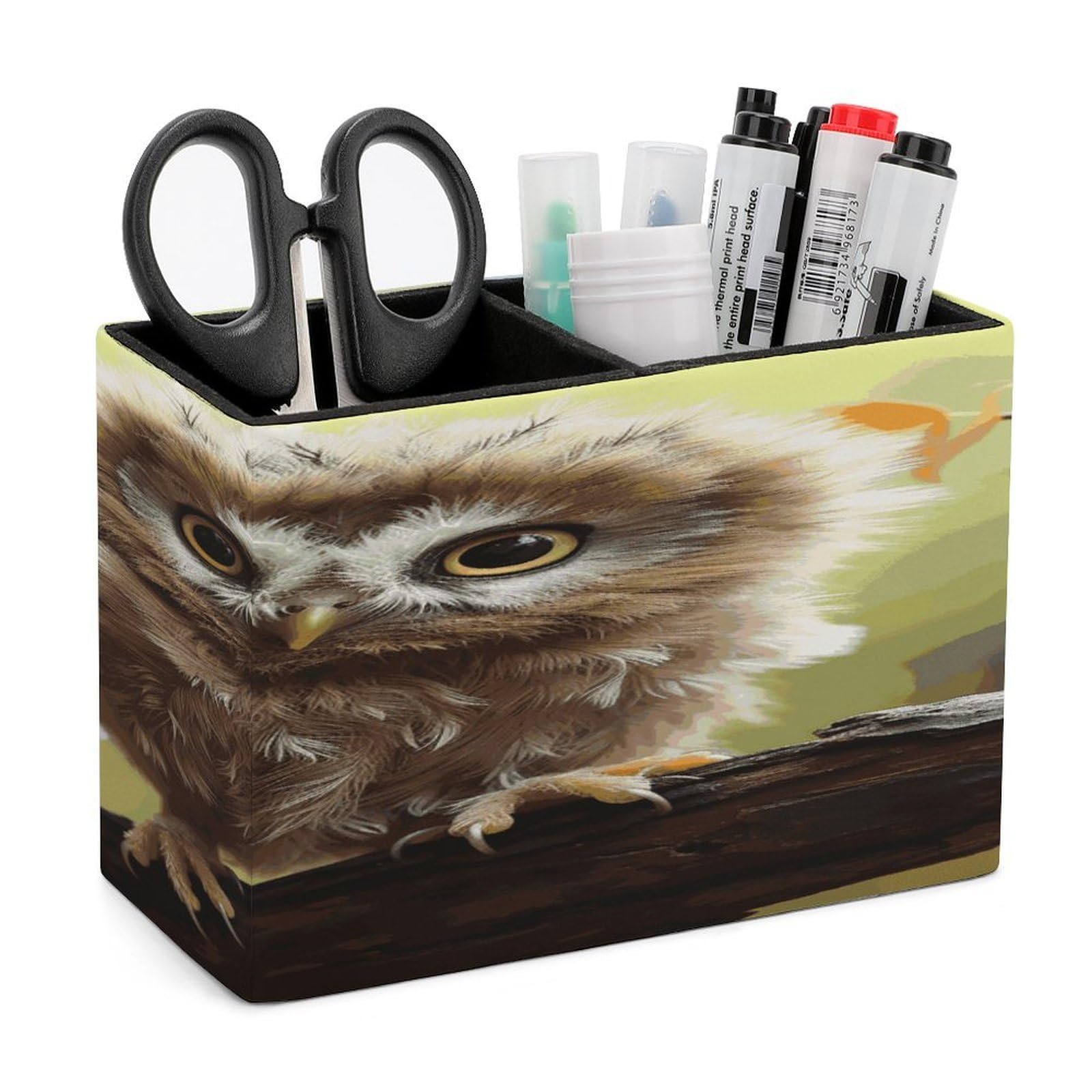 FekiLoot PU Leather Real Cute Baby Owls Pen Holder for Desk 2 Compartments Desktop Stationary Organizer Rectangle Table Pencil Cup Stand Desktop Stationery Organizer Case for Office Home