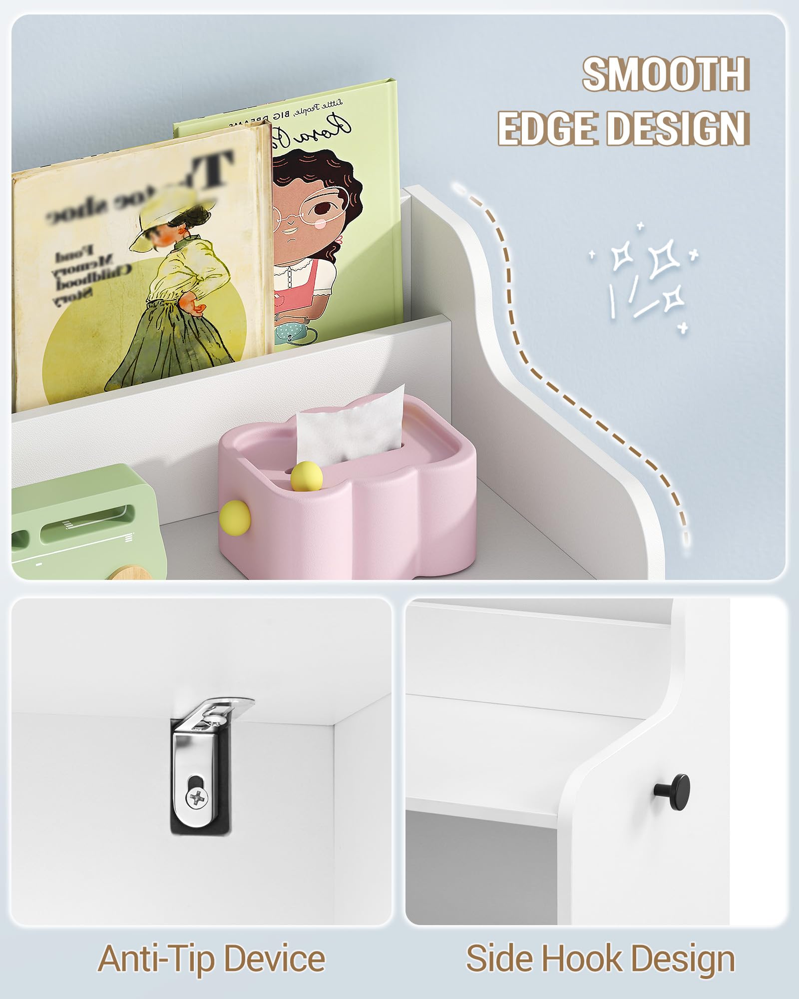 Hzuaneri Libreria per bambini con portariviste, mobile contenitore con 3 vani aperti e 3 scatole portaoggetti su ruote, camera bimbi, soggiorno, studio, 30×108×80 cm, bianco KB26003X