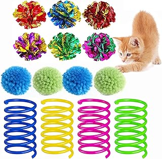 Gesuche 14 PCS Cat Toy Springs and Balls Set,Colorful Cat Spring Toy and Small Pom Pom Balls,Sparkle Kitten Crinkle Toys Cat Mylar Balls with Rustle Sound for Cats Kittens Playing Interacting