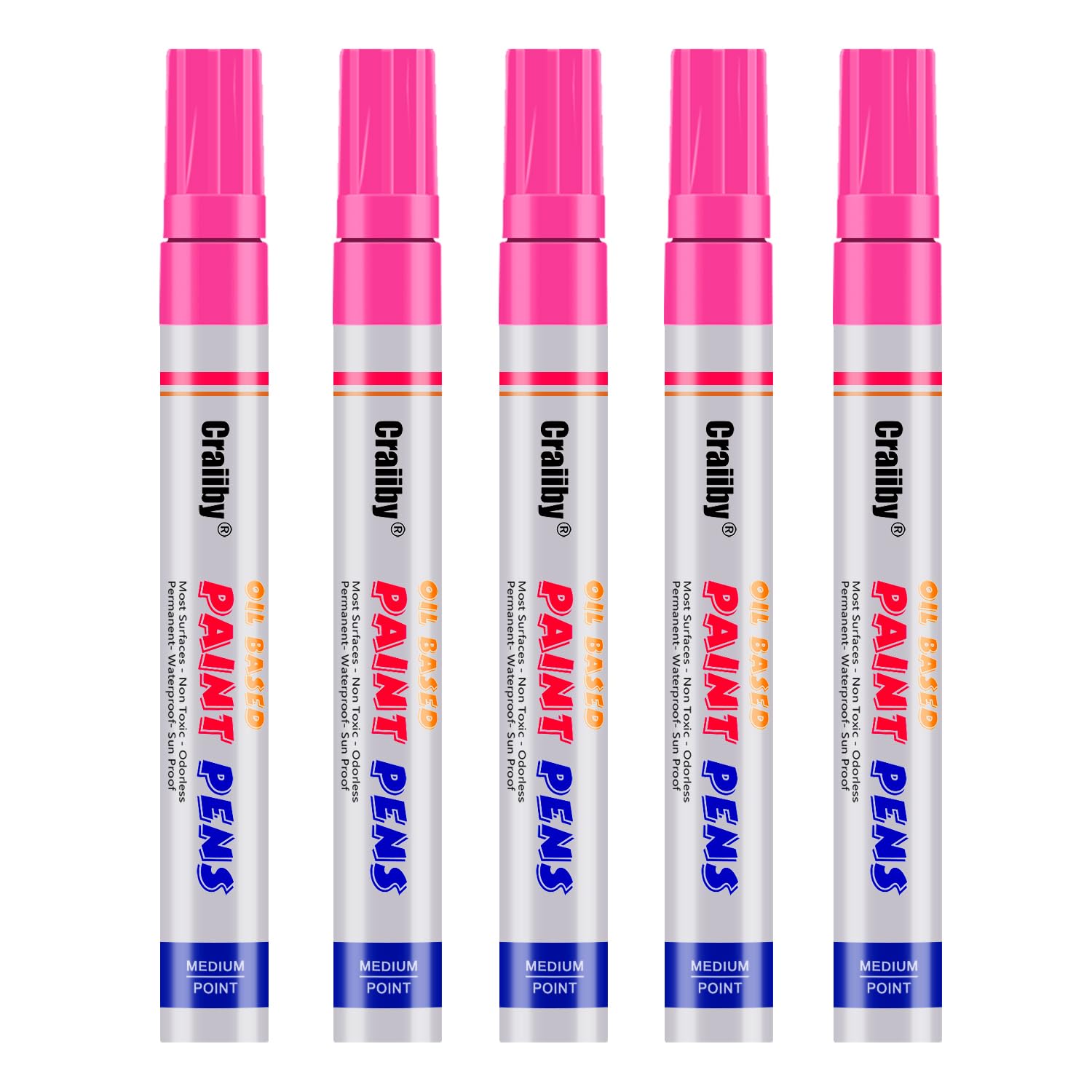 Pink Paint Markers, 5 Pack Oil-Based Waterproof Quick Dry Permanent Paint Pen Set for Rocks Painting, Wood, Fabric, Plastic, Canvas, Glass, Mugs,