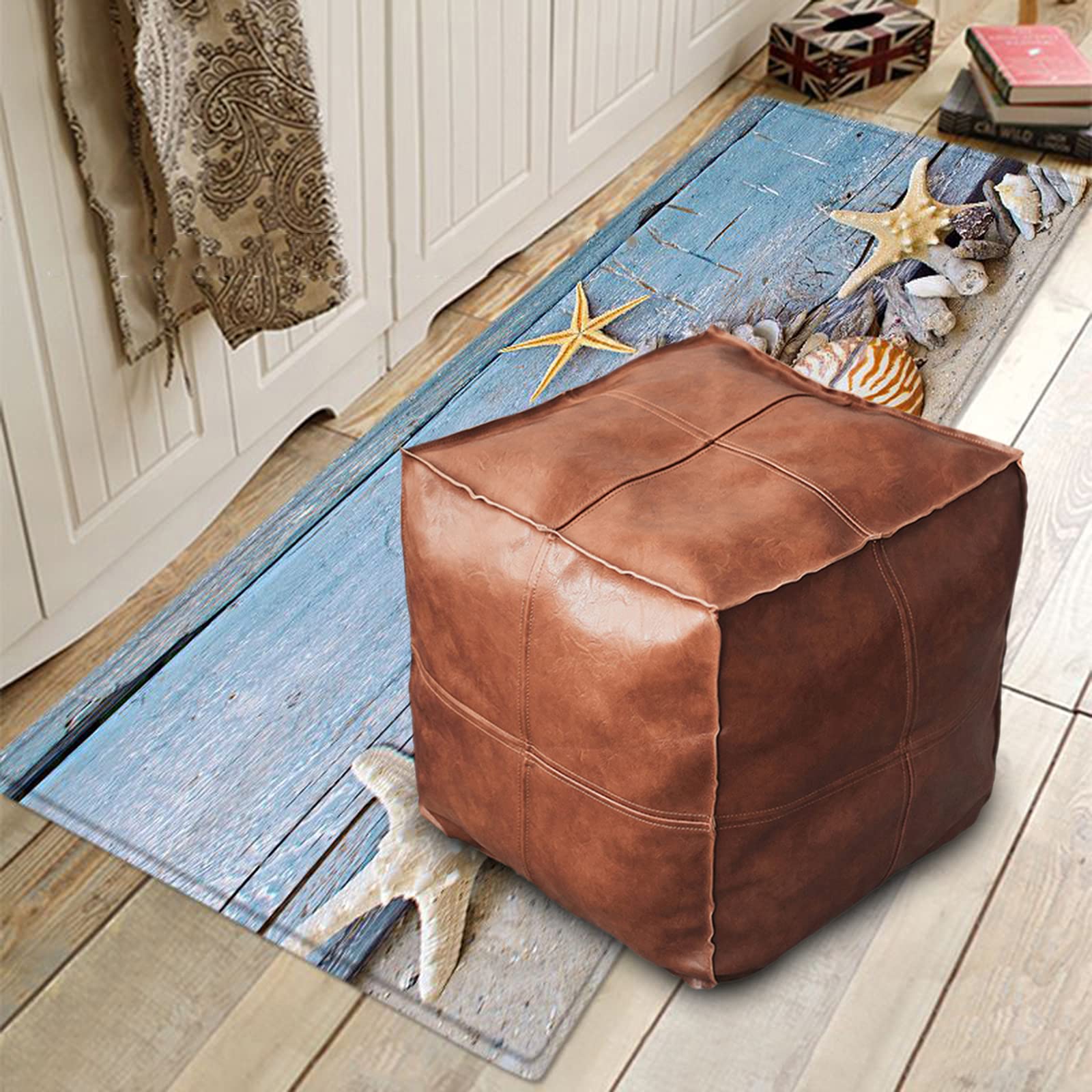 LOVIVER PU- marokkanischen Hockerbezug Hassock Storage Ottoman Raumdekoration Aufenthaltsraum, eckig braun