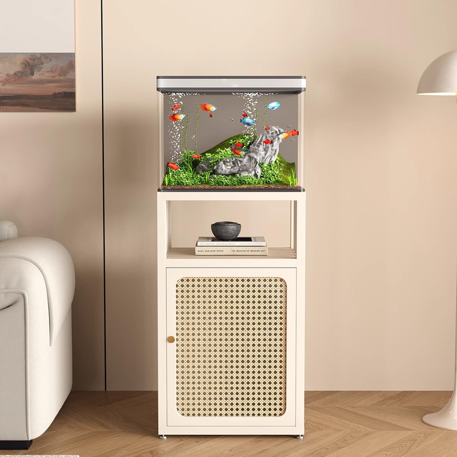 Soporte Beige para pecera con gabinete de Almacenamiento, Patas Ajustables, Estructura de Acero al Carbono Resistente, Ideal para exhibir acuarios en casa (Unidad Individual)