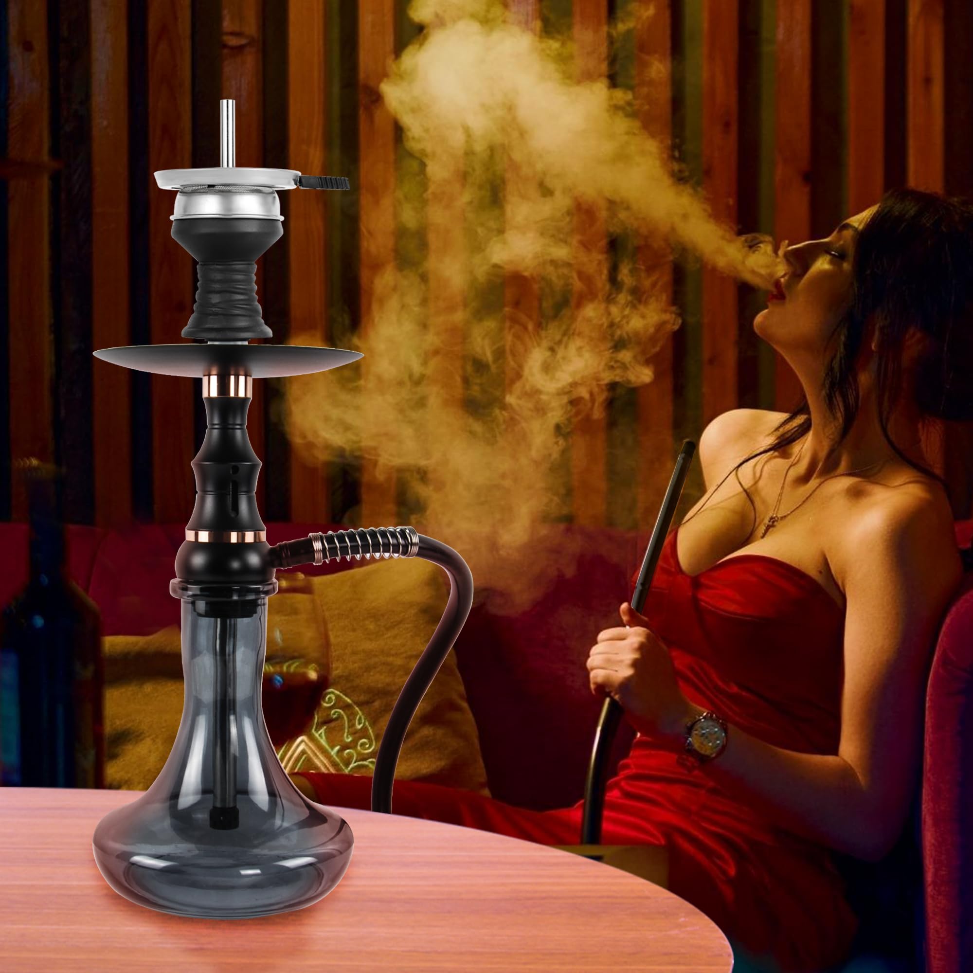 Glass Hookah Set completo con todo de aleación de aluminio con difusor Manguera de silicona lavable Caucho Chisha Bowl Dispositivo de gestión de calor Pinzas de carbón(Negro)