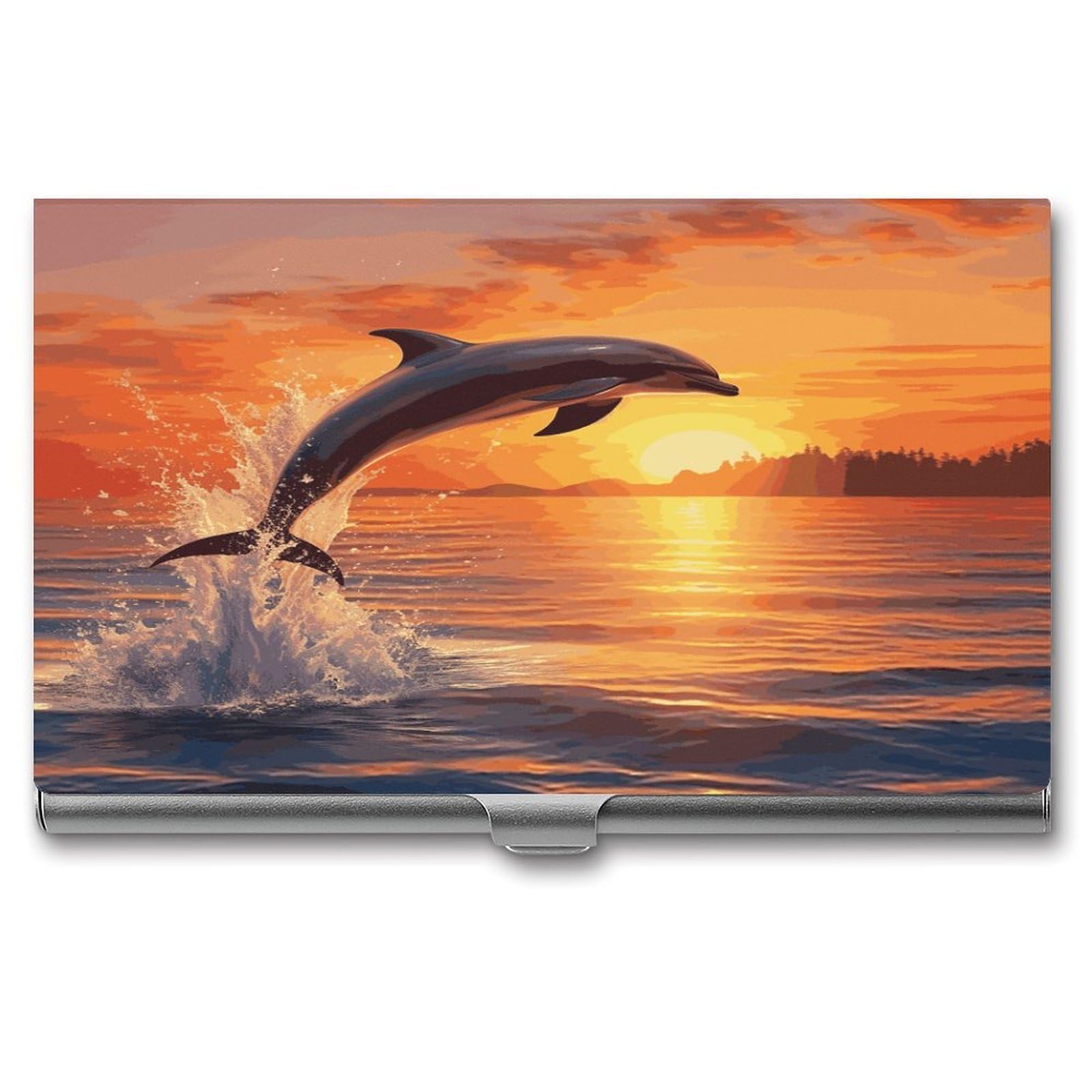 LDGSUPH Sunset Dolphin Business Card Holder Fashion Slim Name Card Holder Minimalist Design Case Metal Card Carrier Personalized Business Card Case with Flip for Men Women