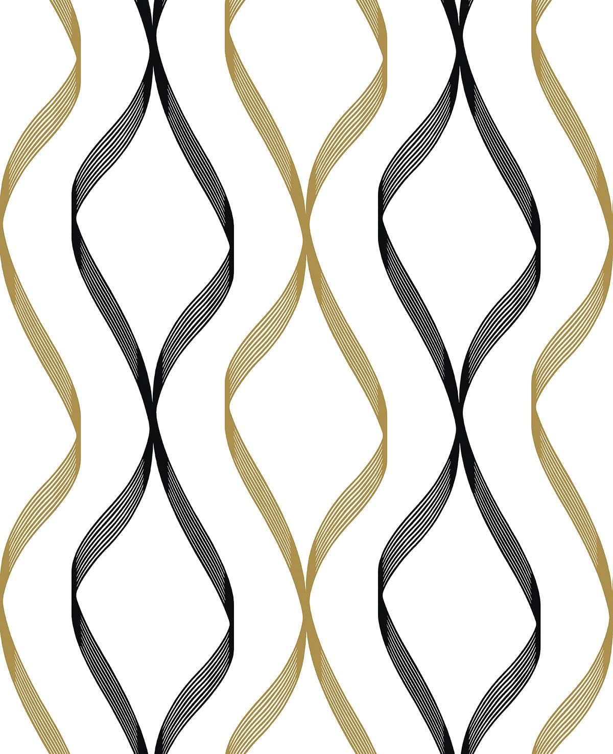 NextWall Ogee Ribbon Peel and Stick Wallpaper (Metallic Gold & Ebony)