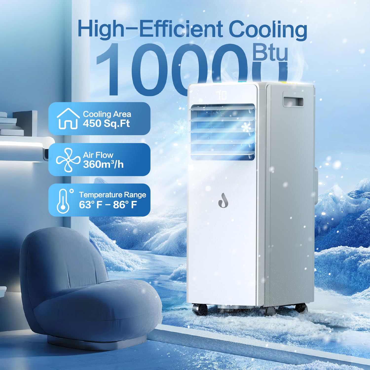 Aire acondicionado portátil de 10,000 BTU para habitaciones de hasta 450 pies cuadrados, unidad de aire acondicionado 4 en 1 con control remoto, unidad de CA inteligente con kit de instalación para el 2