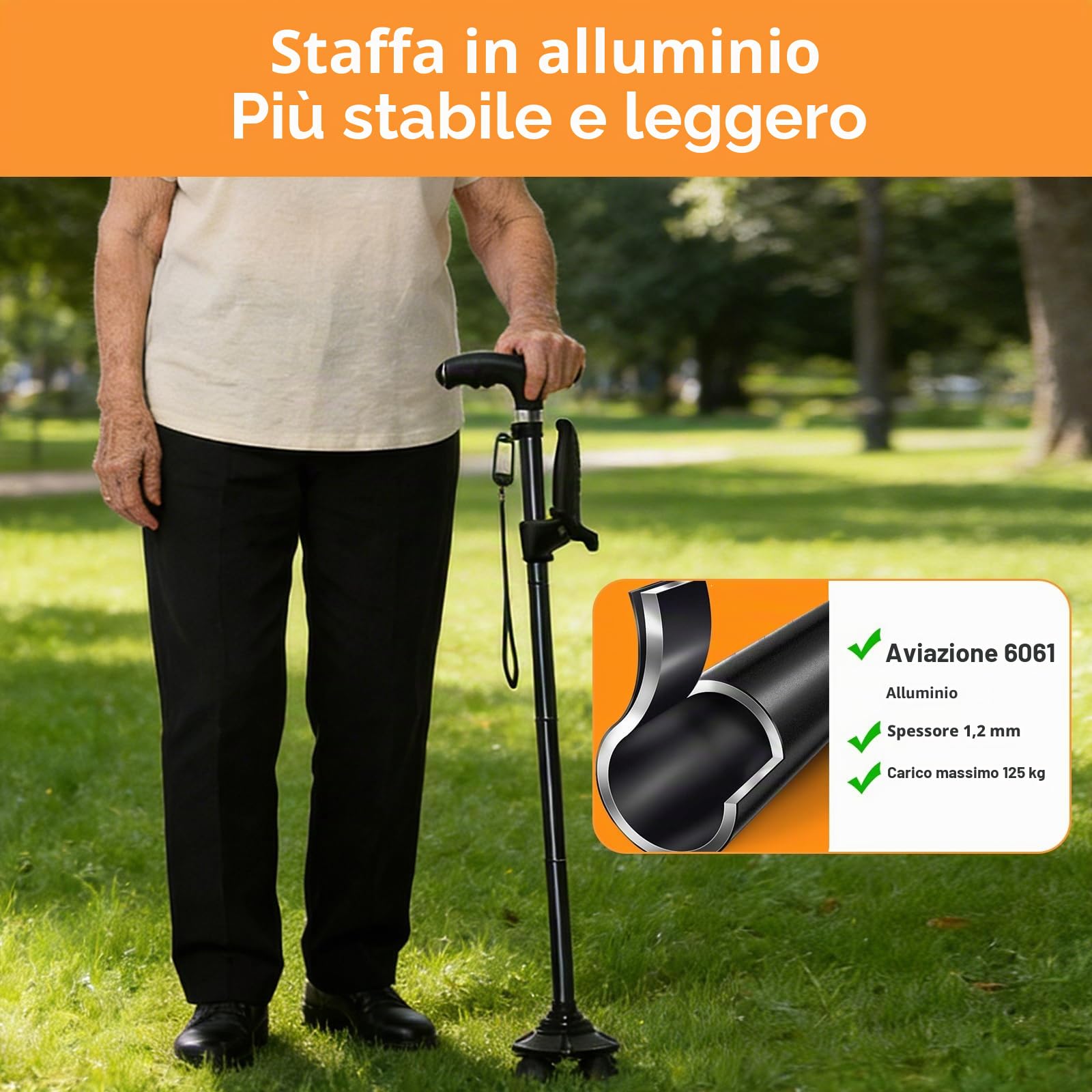 Bastone Passeggio Pieghevole Regolabile 82-92cm Luce LED Supporto 250kg Portata 5 Altezze Impugnatura Antiscivolo Anziani