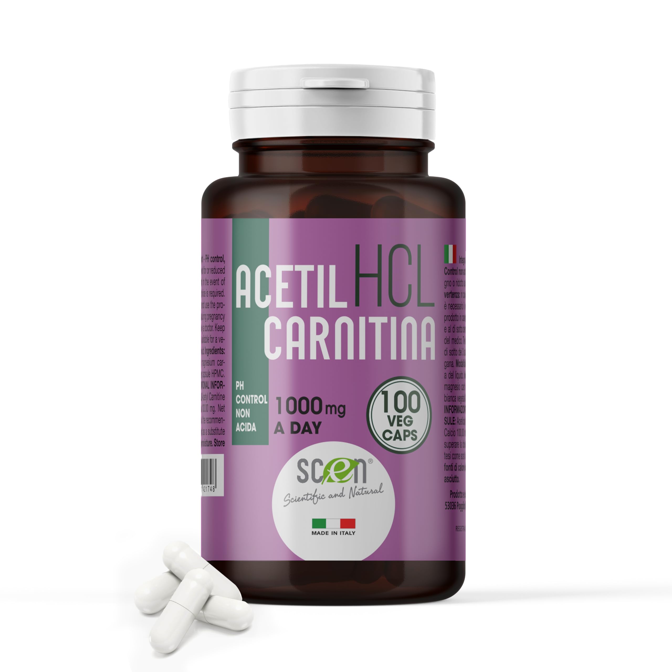 Scen Acetil Carnitina HCL 500 Mg - 100 Capsule Vegane - PH Control Non Acida, Prodotta In Italia