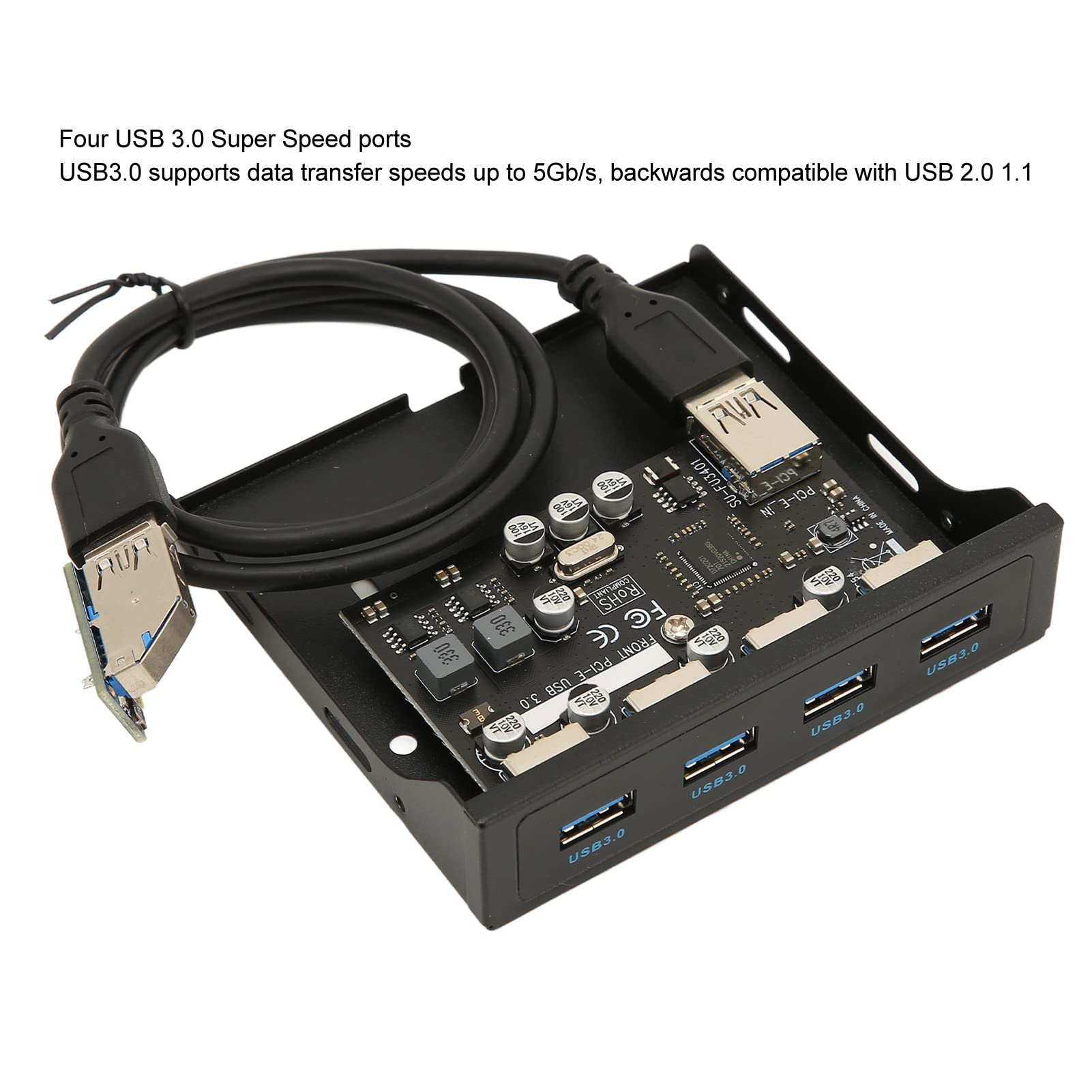 Panel frontal PCIE a USB 3.0 Hub con 4 puertos, panel frontal de PC de 3.5 pulgadas, lector de tarjetas interno PCIE adaptador USB con 4 puertos de salida USB 3.0 X para carcasa de computadora 4