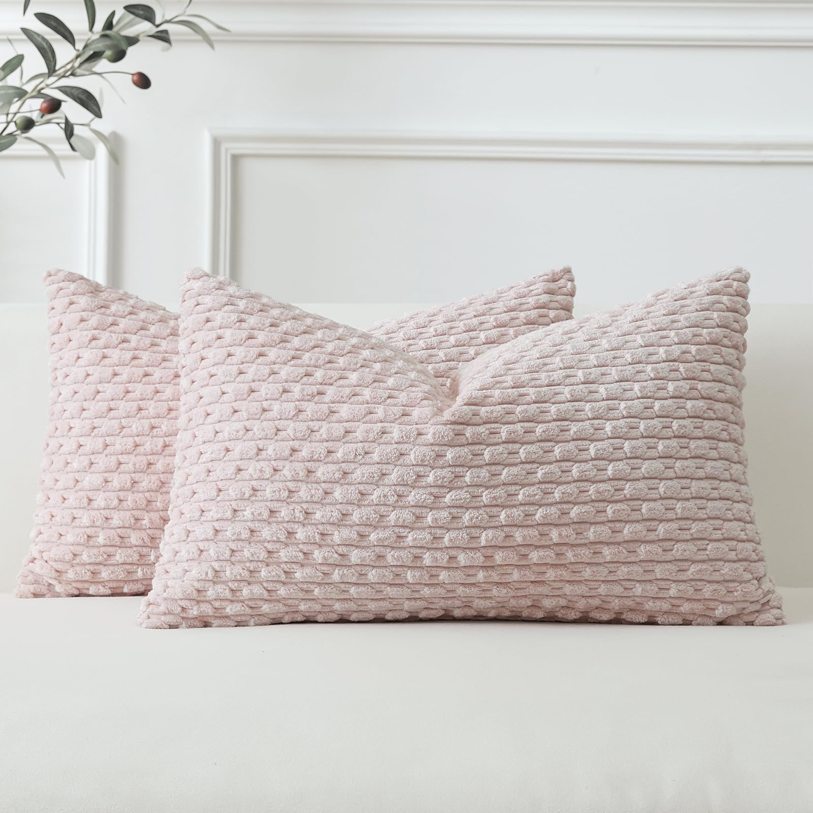 Sungeek Set of 2 Light Pink Soft Corduroy Decorative Cushion Covers Boho Striped Throw Pillow Covers for Sofa Couch Living Room Patio Farmhouse Home Decor Pillowcases 40x60cm