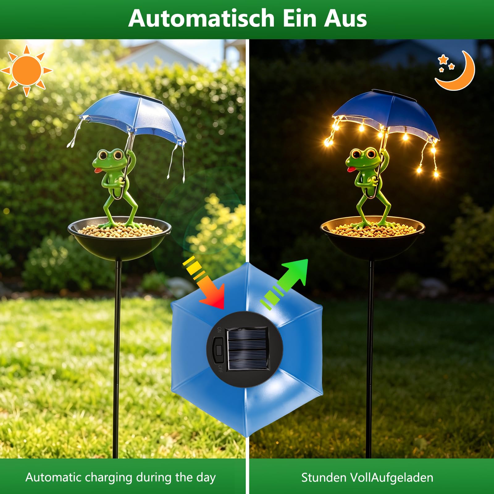Mangiatoia a energia solare a forma di rana, per esterni, decorazione da giardino con ombrello, ciotola, mangiatoia decorativa per giardino, terrazza, prato, laghetto, cortile