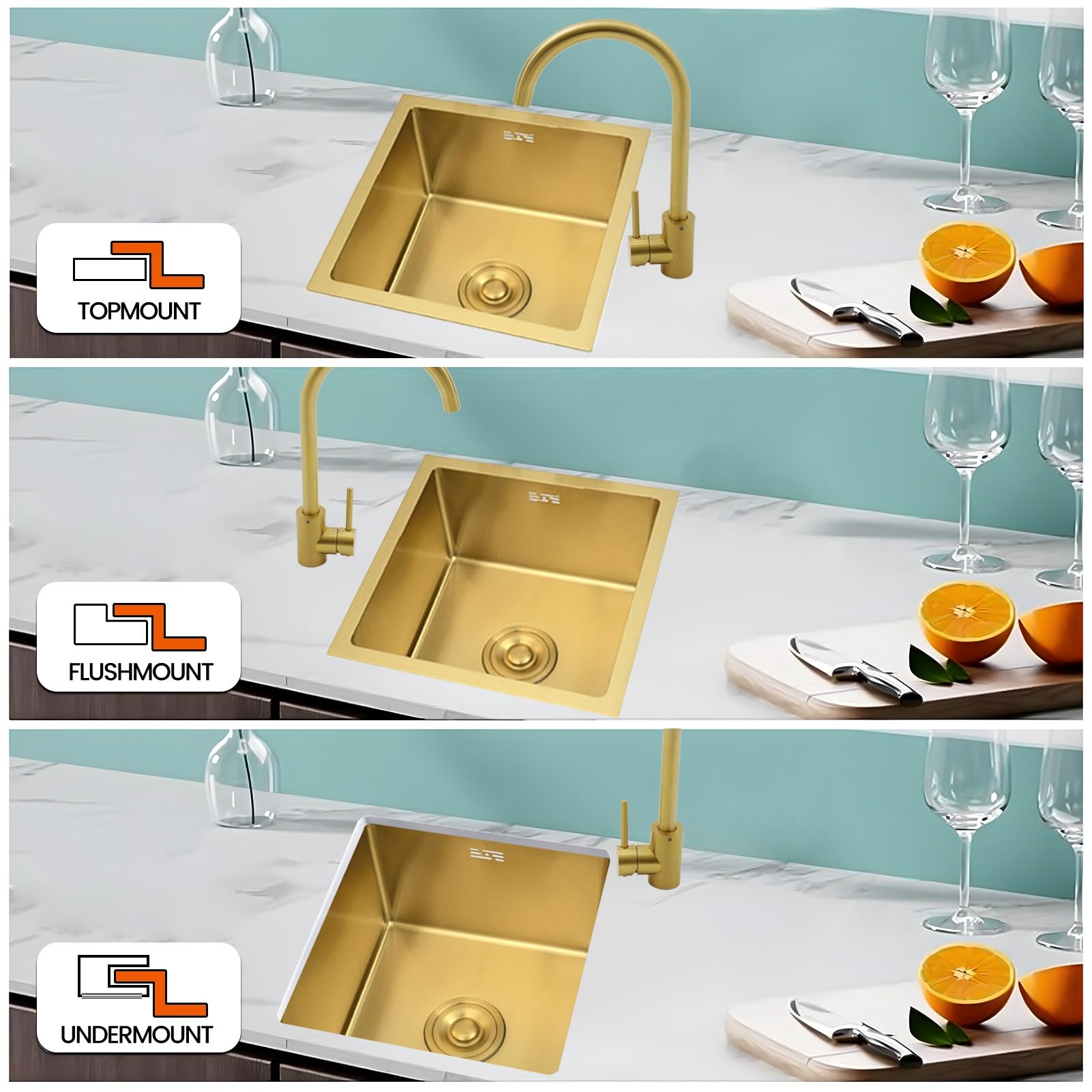 Lavello da Incasso Quadrato in Acciaio Inox, Vasca Singola, lavello Compatto per Piccole cucine, salvaspazio, Superficie con Rivestimento Nano con Kit di Scarico (Oro, 75x45 cm)