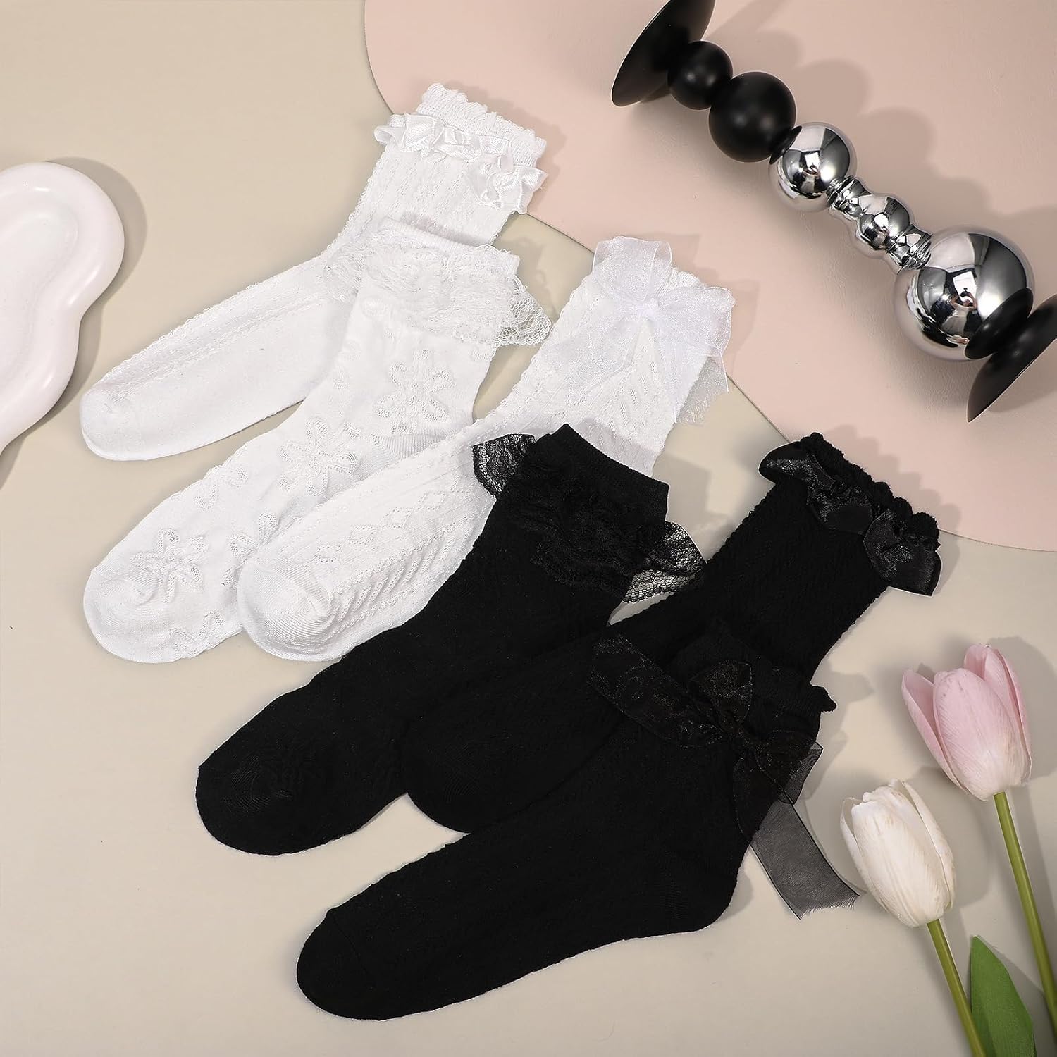 6 Pairs Women's Lace Ruffle Crew Socks - Frilly Ankle Sock with Bows, Soft Breathable Cotton Cute Princess Socks for Women Girls, Fashion Feminine Dress Sock