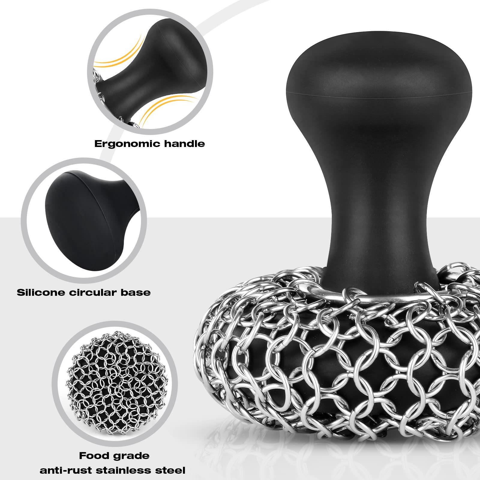 Chainmail Scrubber For Cast Iron With Handle & Scraper – 316 Stainless Steel, Safe For Seasoning