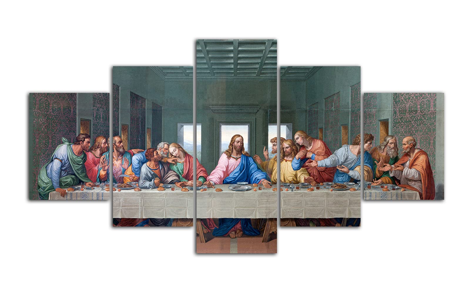 HOPNRU 5Pieces The Last Supper Wall Art Picture Da Vinci Renaissance Religious Poster Print Canvas Painting Modern Dining Room Living Room Office Decoration(total 80H x150W(cm)-No Framed)