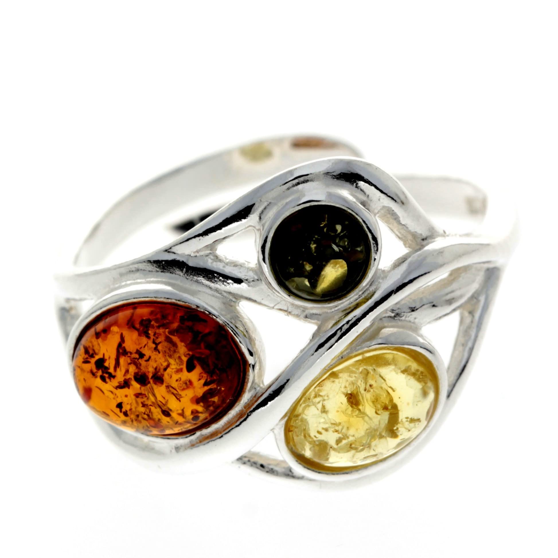 SilverAmber Jewellery 925 Sterling Silver and Baltic Amber Stones  Adjustable Designer Ring GL481A