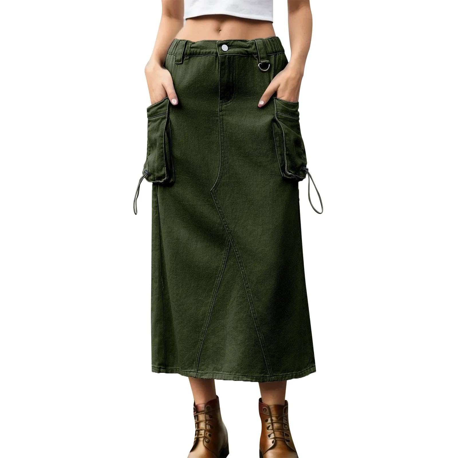 Rock Damen Langer Taille Skirt Linie Falten Cargo-Jeansröcke Damen Bodycon-Rock Mit Kordelzug Langer Rock