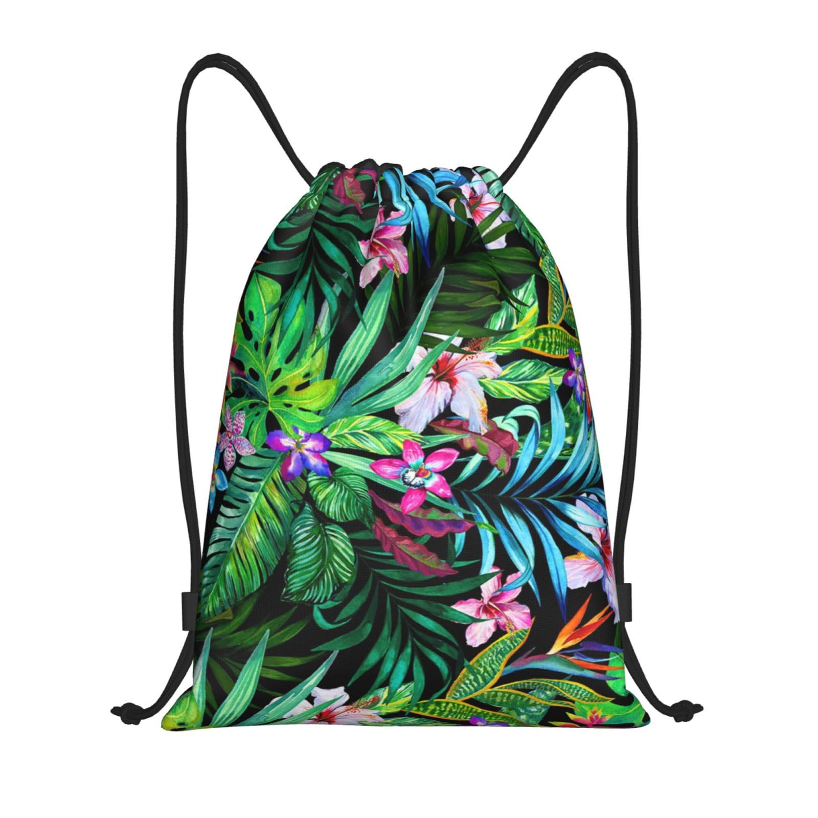 WKSGDSG Waterproof Gym Drawstring Bags Colorful Tropical Leaf Drawstring Backpack For Men Women, Lightweight Portable String Sack Bags Outdoor Drawstring Bags For Sports Travel Shopping Kids Yoga