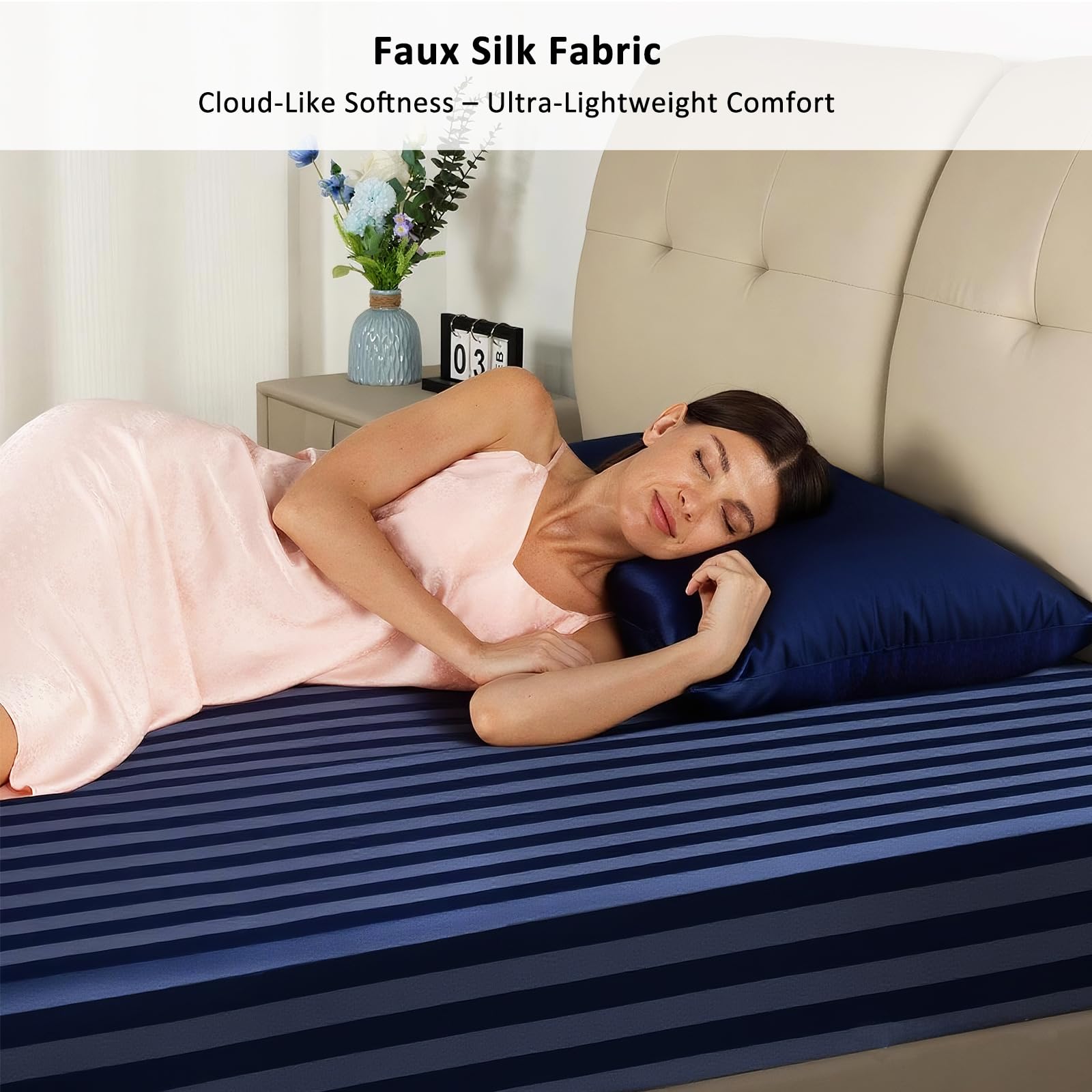 Lirex Satin Fitted Sheet, Silky & Soft Polyester Satin Weave Bed Sheets, 36 cm Deep Pocket with Elastic Corner Straps, King - Image 2
