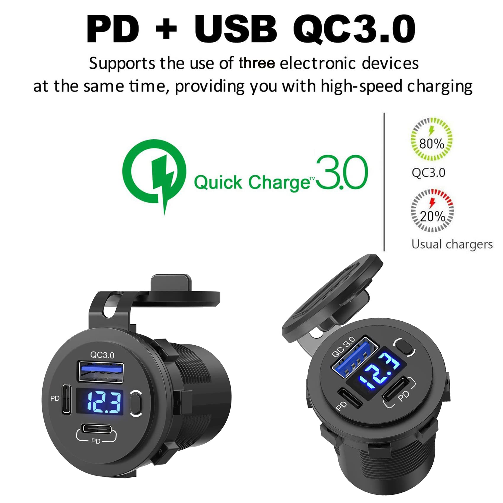 12 V USB-Steckdose USB C Kfz-Ladegerät Buchse (2PD + 1QC)