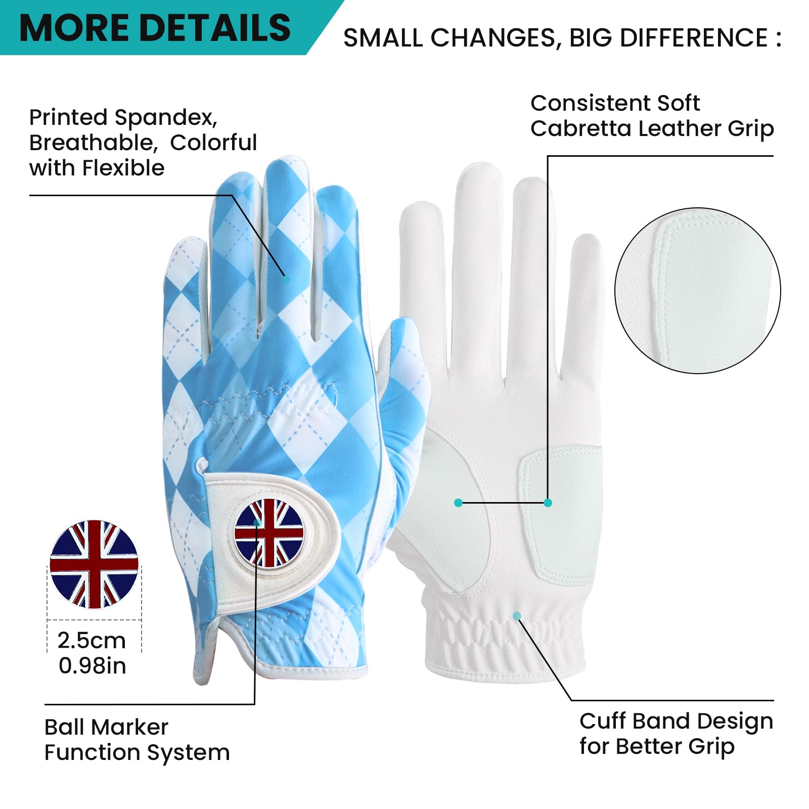 FINGER TEN Golf Gloves Men Left Hand Right with Ball Marker Cabretta Leather Weathersof Rain Grip Value Pack,Mens Golf Glove Fashion Pattern Wear Resistant (Blue Plaid-1 Pack - Image 2