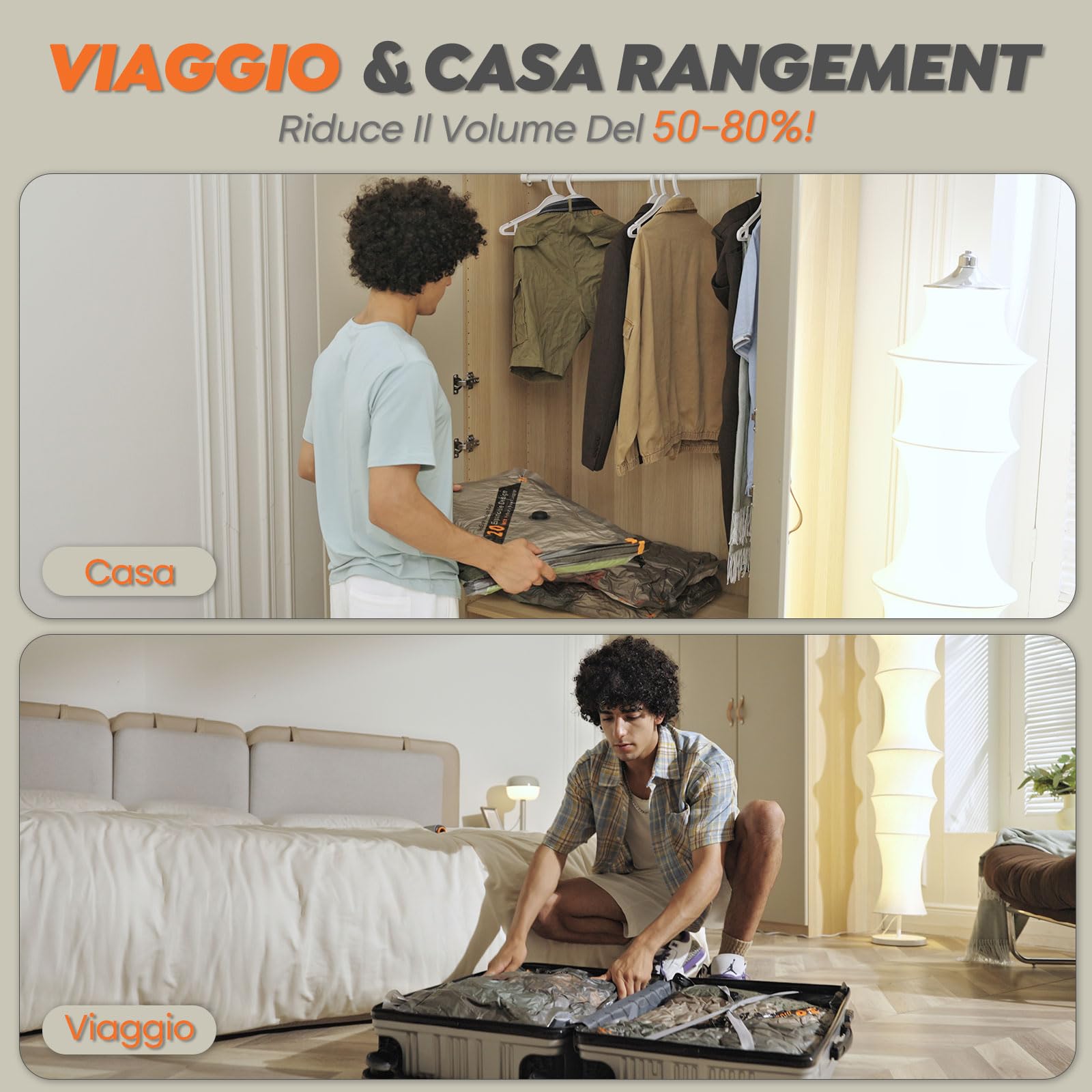 Vacbird Sacchetti Sottovuoto Vestiti Con Pompa Sottovuoto Senza Fili, 10 Pezzi (4 * 40x54cm, 4 * 47x64cm, 2 * 54x74cm), Buste Sottovuoto Vestiti Salvaspazio – Ideali per Viaggi e Organizzare Bagagli