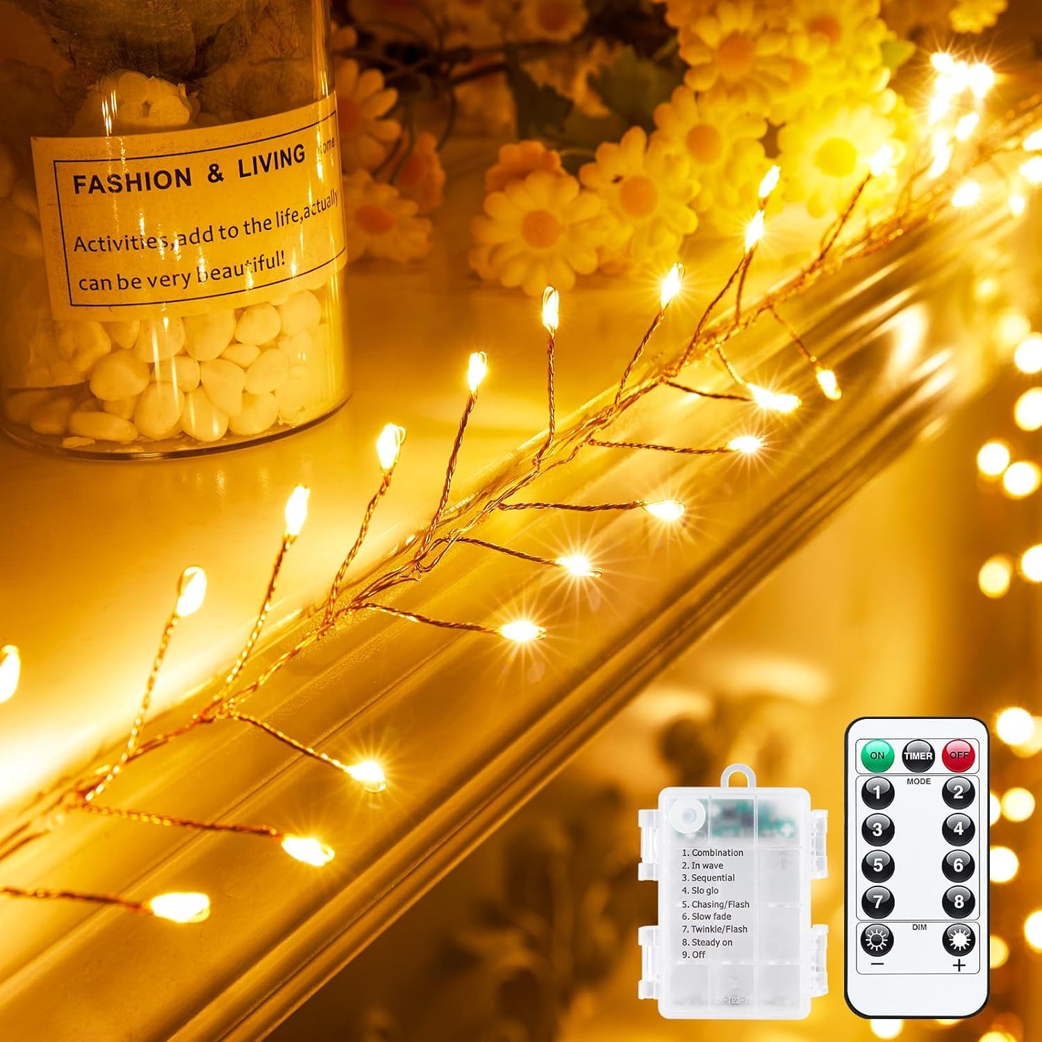 Outdoor Fairy Firecracker Lights Battery Operated, 10 Feet 100 LEDs Twinkle String Lights with Remote, Starry Lights for DIY Wreath Wedding Party Bedroom Mason Jar Holiday Christmas, Warm White