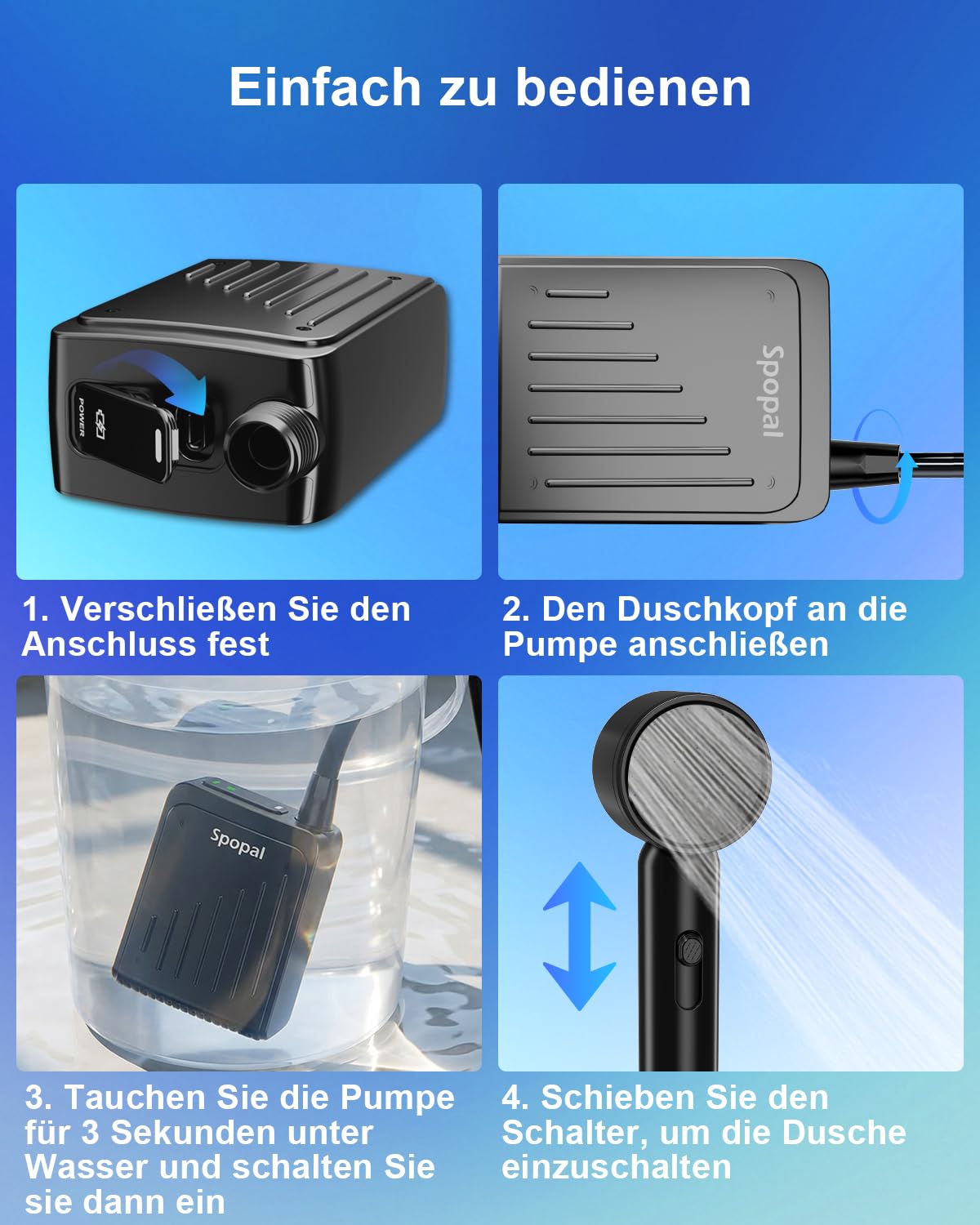 Spopal Campingdusche kompakt, IPX8 wasserdicht, tragbare Campingdusche mit Farbiger Stufenanzeige, Duschkopf mit Haken, Typ-C-Aufladung, Akku Dusche Pumpe für Wandern, Strand, Auto, Haustierwäsche