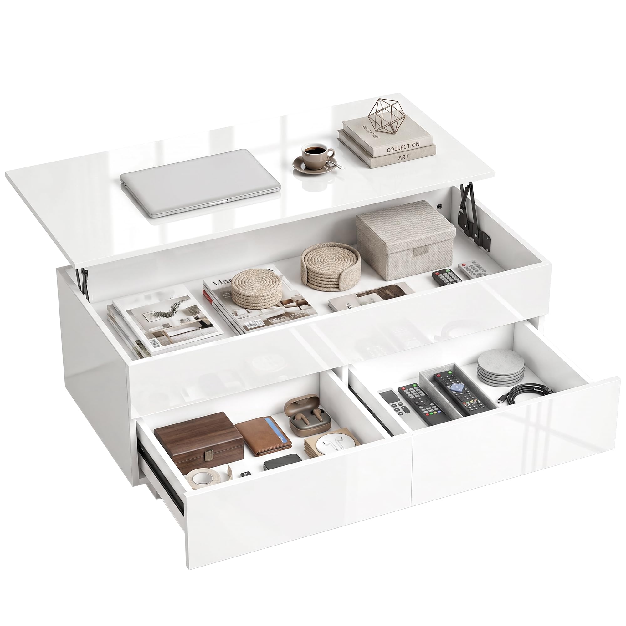 Table Basse HOMCOM réglable en Hauteur, Table de Salon avec Plateau relevable, 2 tiroirs et Espace de Rangement caché, Table Basse pour Salon, Blanc Brillant