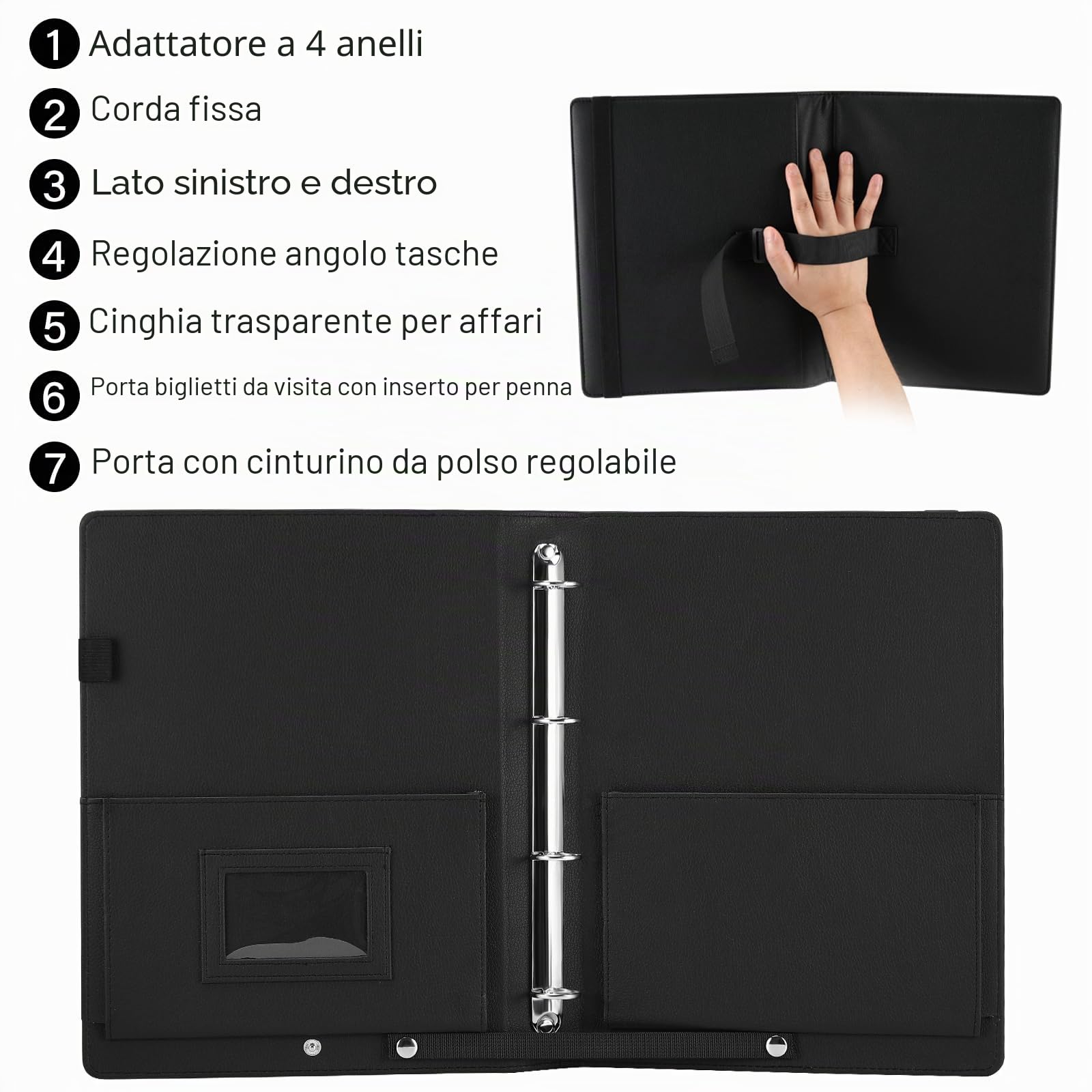 Cartella musicale, cartella per spartiti A4 con cinturino da polso e 30 tasche per coro, recital di pianoforte, in similpelle nera