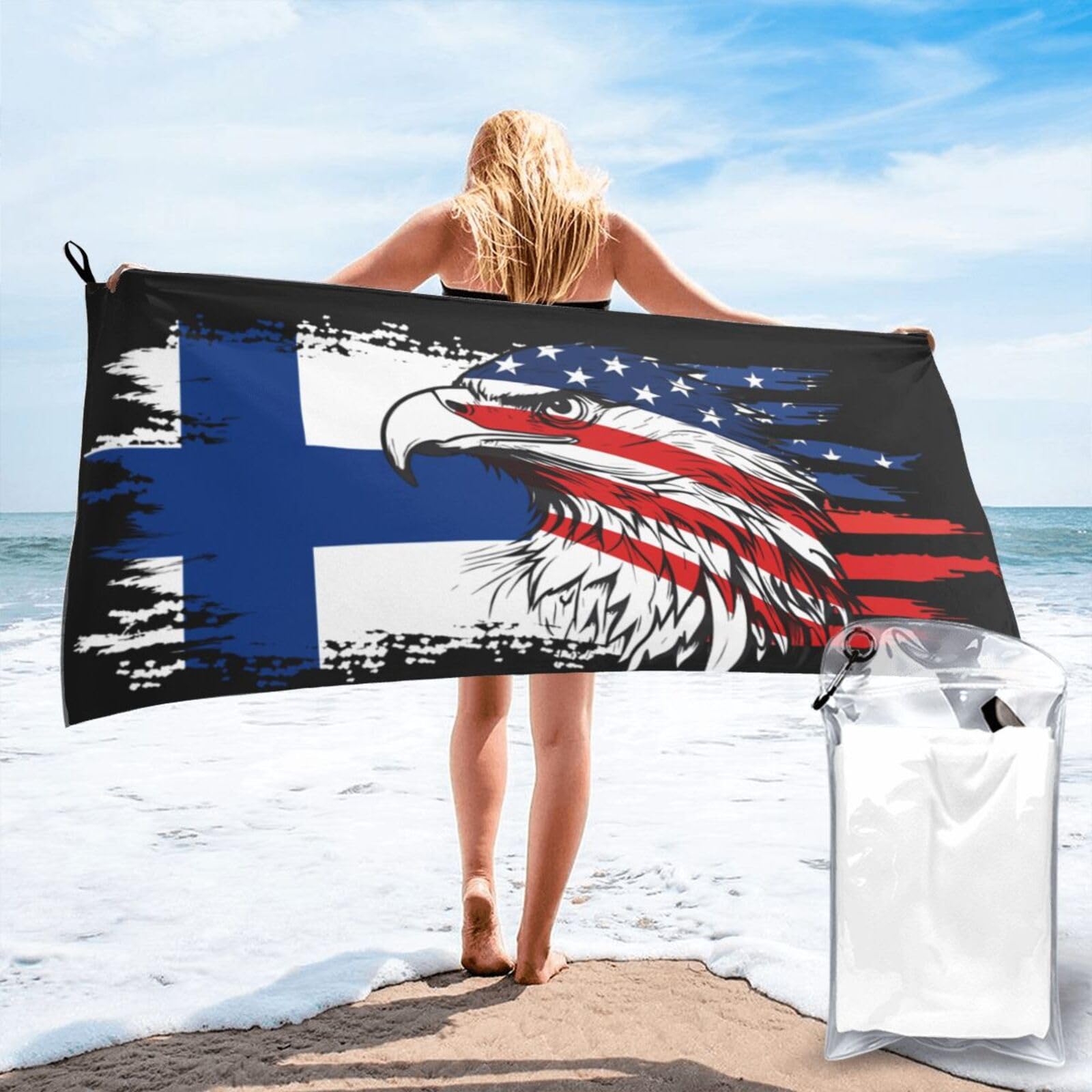 HACXZ America Flag and Finland Finnish Flag Microfiber Beach Towel Lightweight Absorbent Travel Pool for Men Women 31.5"X63"