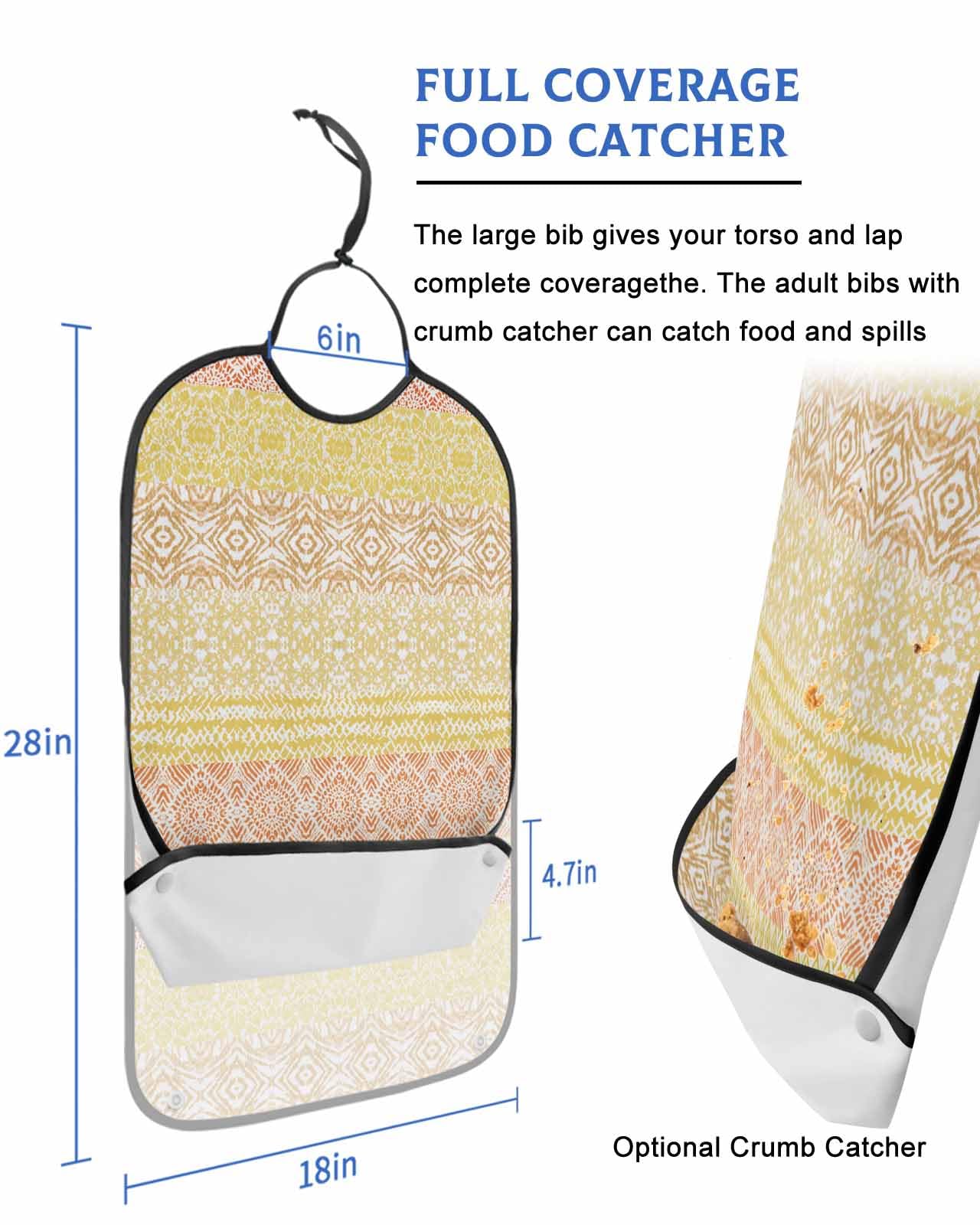 LEOKOTI Burnt Orange Yellow Boho Adult Bibs for Eating, Waterproof Bibs with Food Catcher & Snap Closure, Contemporary Abstract Art Geometric Washable Clothing Protectors Adult Bibs for Elderly