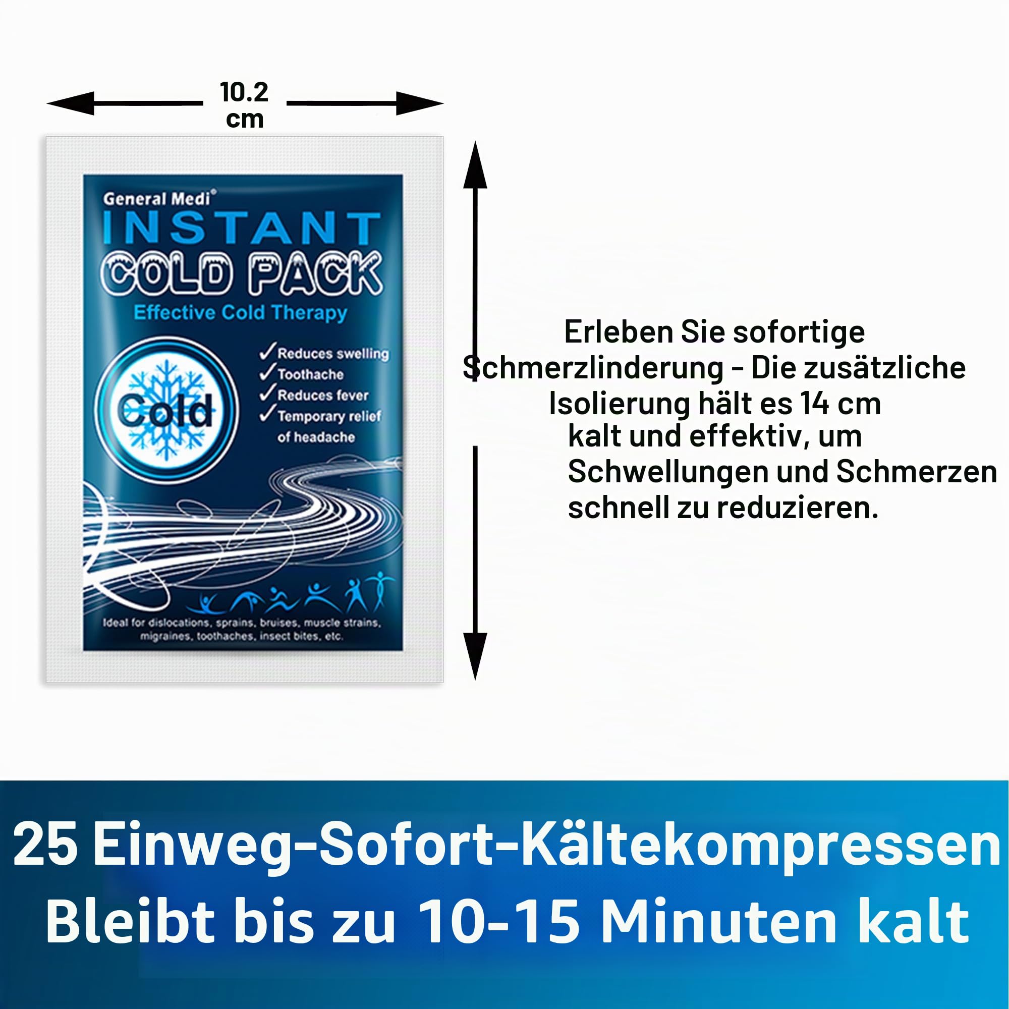 General Medi Einweg Kälte-Sofort-Kompresse (25 Stück), Kühlpack zum sofortigen Kühlen und für Erste-Hilfe-Maßnahmen, Schmerzlinderung, Schwellungen, Entzündungen, Kühlkissen zur äußerlichen Anwendung