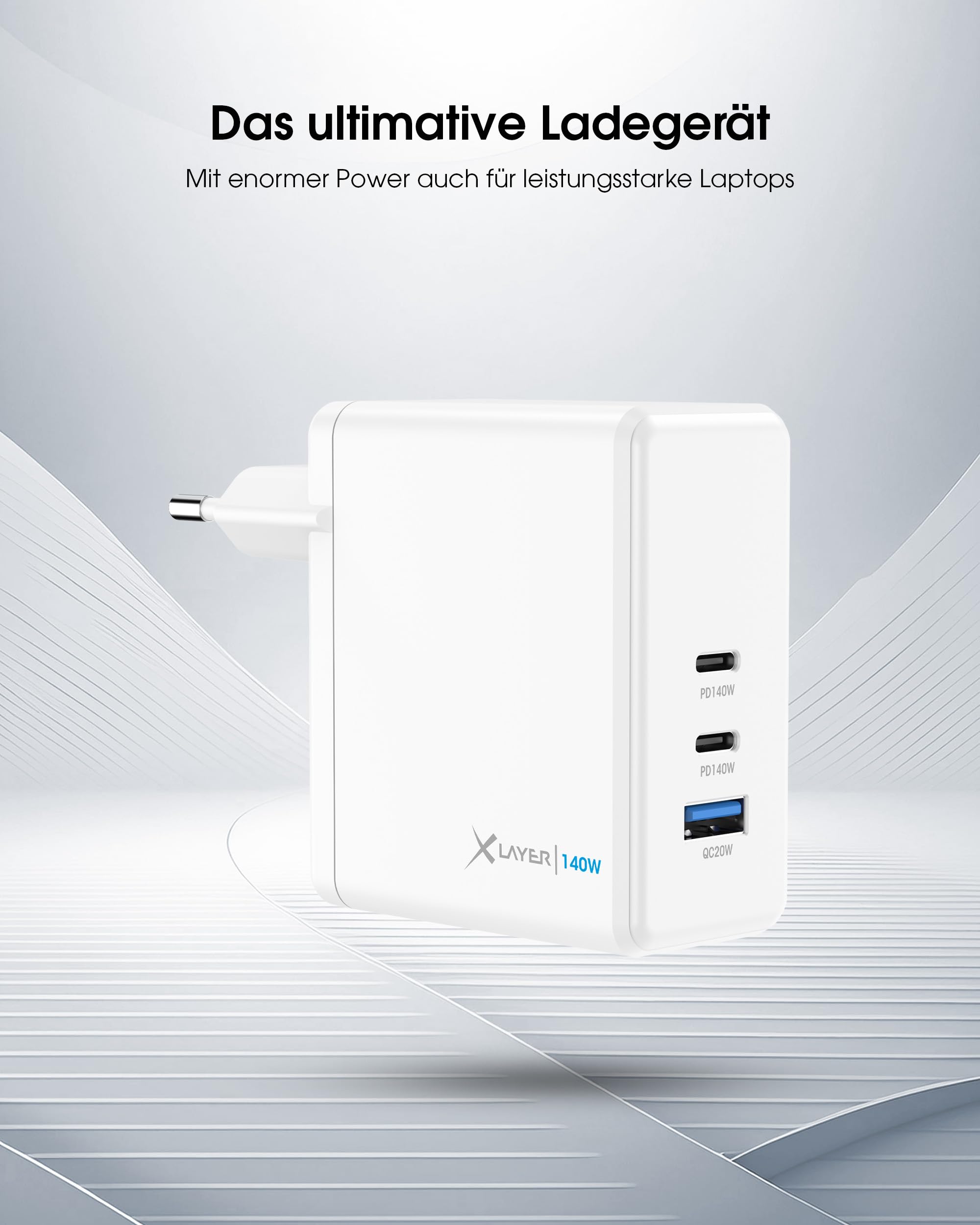 XLayer Powercharger - Caricatore rapido USB-C I 140 W PD I GaN Charger I 3 porte I compatibile con MacBook Pro/Air, iPhone 16 15 Pro Max/15/14 Pro Max/14/13, iPad Pro, Galaxy S23 Ultra/S22, Lenovo