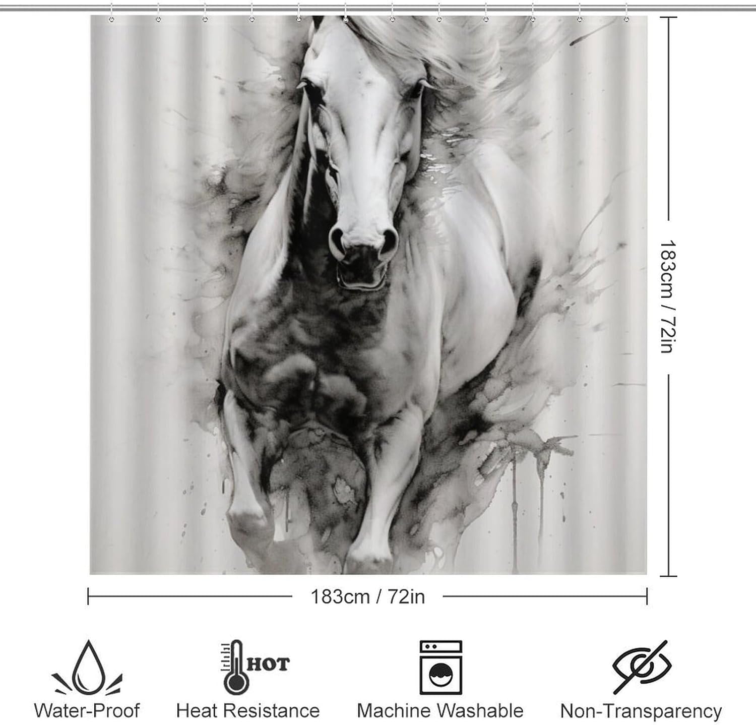 4 Pieces Vintage Horse Shower Curtain Set Ink Painting White Animal Modern Bathroom Decor Sets with Rugs Bathroom Accessories Set Bathroom Curtain Shower Set with 12 Hooks