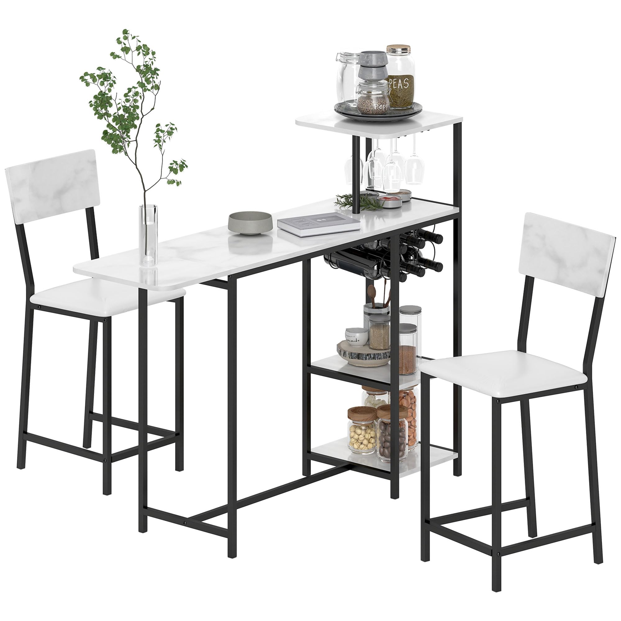 HOMCOM Ensemble Table de Bar avec tabourets, Table à Manger Debout avec 2 chaises de Bar, abattant Pliant, casiers à vin, Porte-Verres, étagères Ouvertes et Repose-Pieds, Effet marbre Blanc