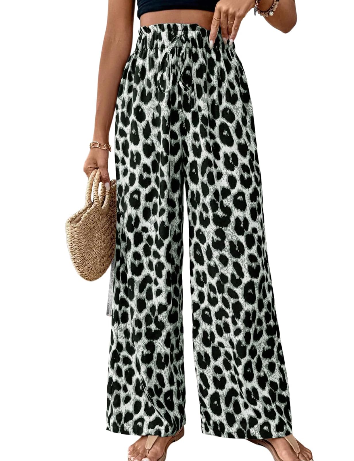 Womens Leopard Print Pants Cheetah Wide Leg Drawstring Casual Lightweight Pants for Beach Office Wear