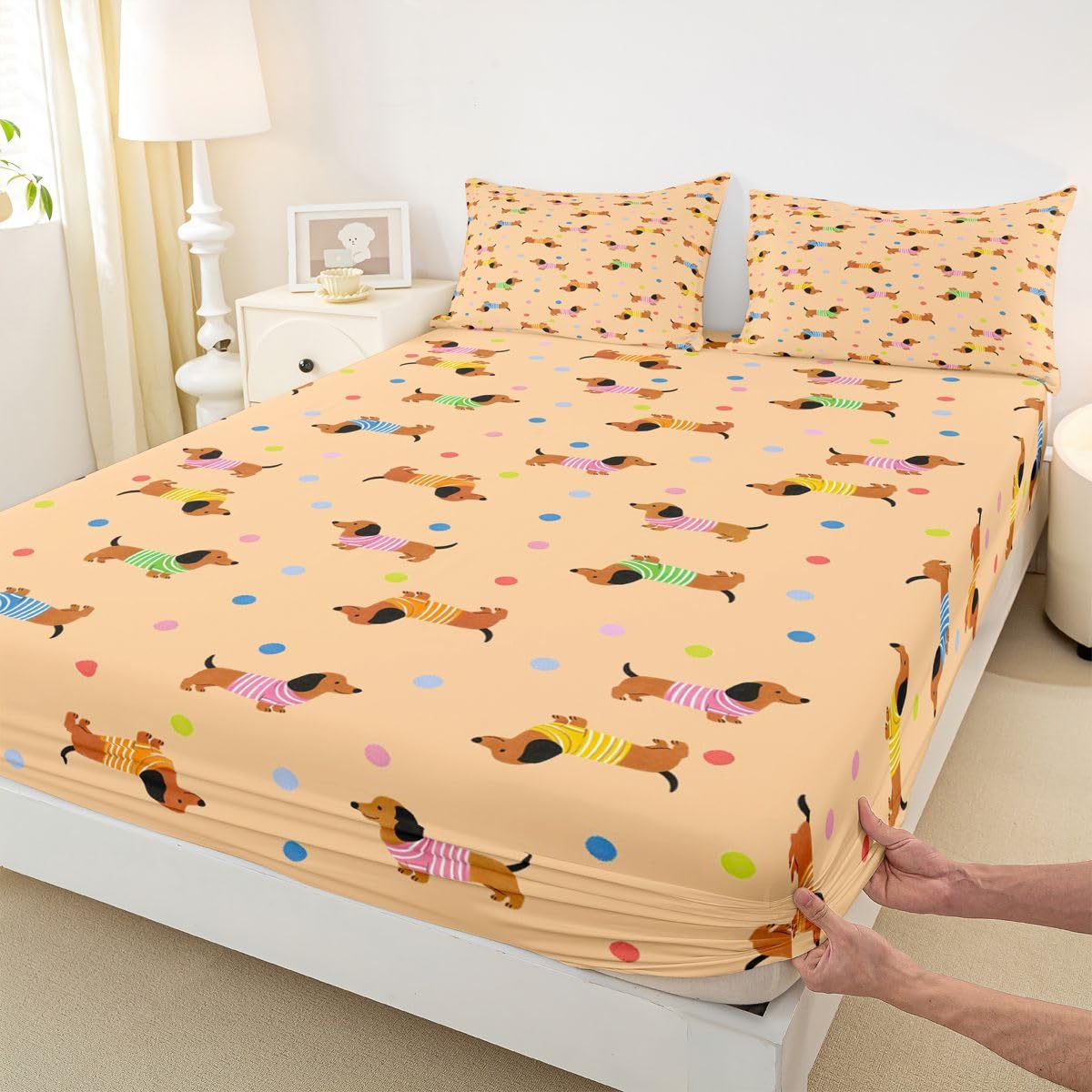 Manfei Sábana bajera ajustable de lunares tamaño King, juego de ropa de cama de perro kawaii de 3 piezas, sábanas de lunares lindos con 2 fundas de almohada, decoración de habitación de niños y niñas