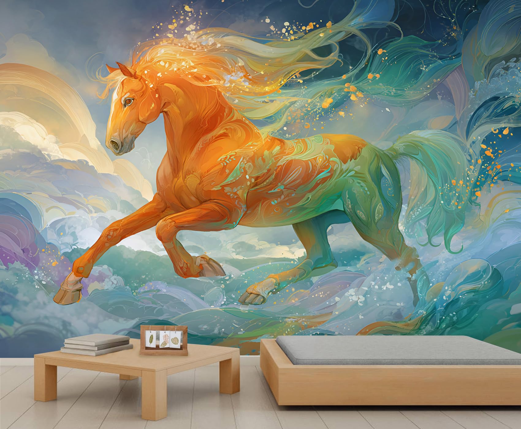 Fantasy Running Horse Wall Mural Rainbow Equine Wallpaper Colorful Horse Mural Wallpaper Cartoon Animal Murals for Living Room Bedroom 250 x 175 cm
