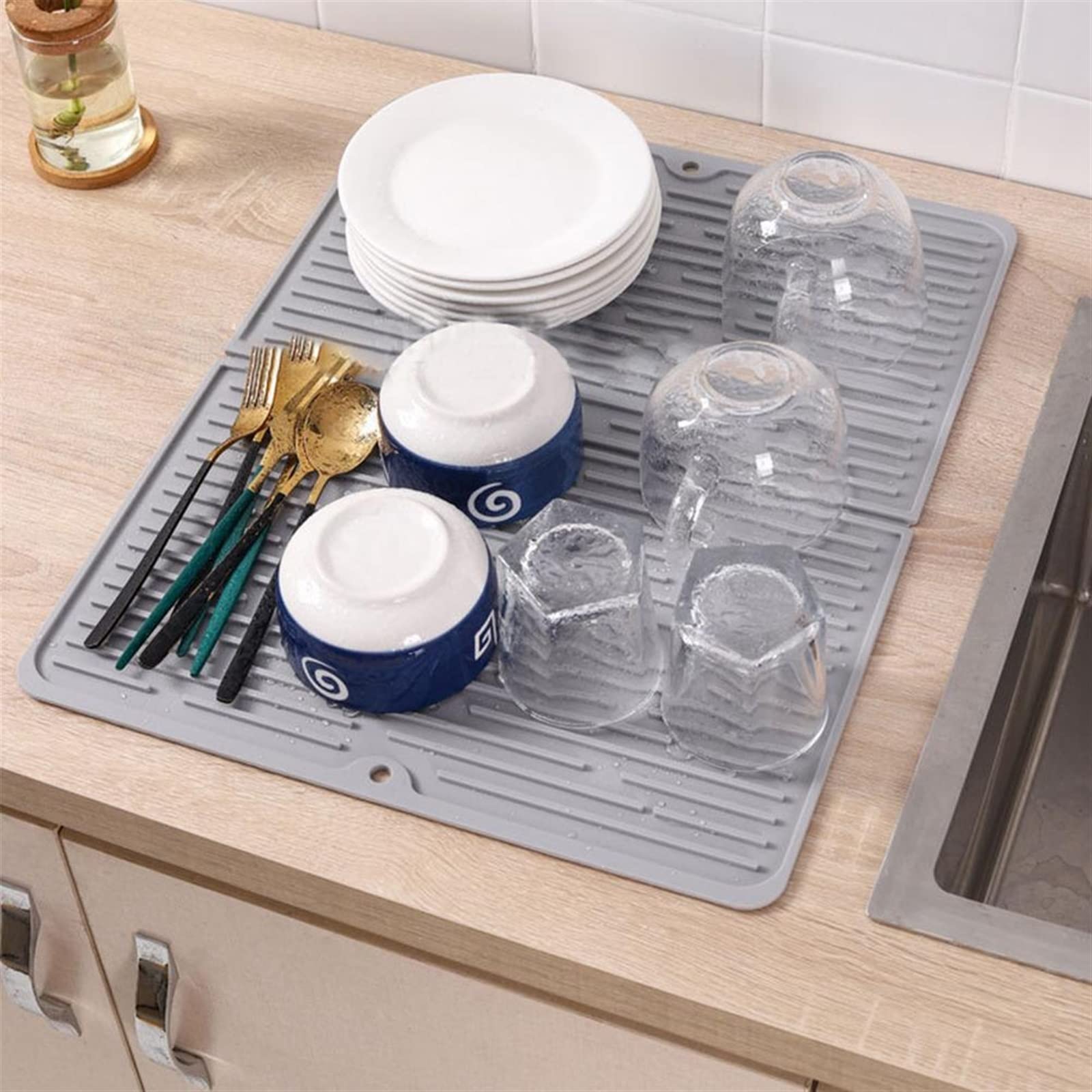 JINGYAN Tappetini per lavello Foldable Insulated Soft Rubber Dishes Protector Sink Mat Table Kitchen Home Anti Slip Drying Drain(Grey)