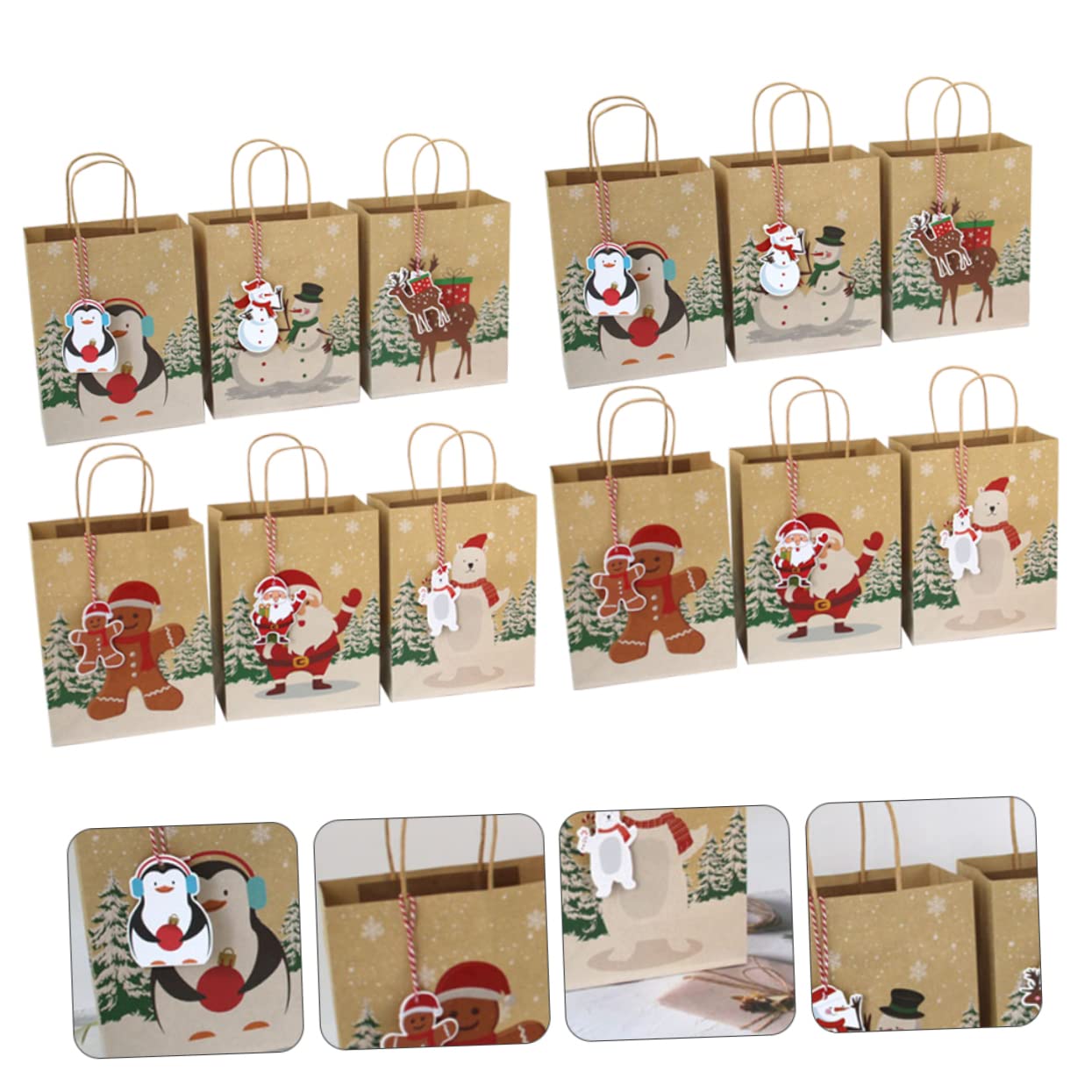 COLLBATH 24stücke Kunststoffbeutel Mit Quadratischem Boden Weihnachtspapierbeutel Aus Kraftpapier Geschenktaschen Mit Cartoon-weihnachtsmotiv Und Langlebig Für Weihnachtsfe