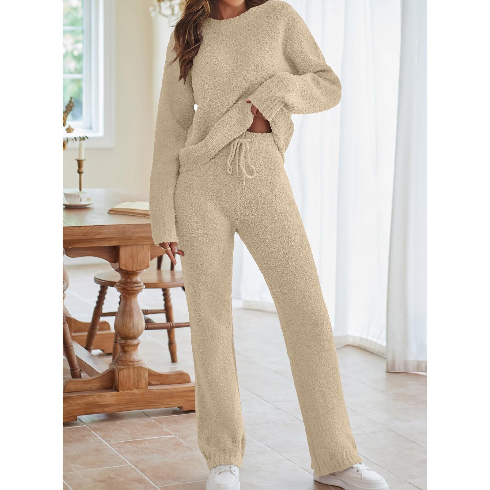 Pijama de forro polar de talla grande para mujer, conjunto de ropa de descanso de dos piezas para mujer, pijama suave y esponjoso, manga larga, casual, cuello redondo, ropa de dormir con bolsillos
