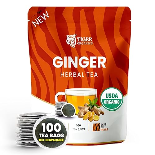 Tiger Organics, Té de hierbas de jengibre - 100 bolsitas de té biodegradables | Refuerzo de inmunidad natural y digestión saludable | Tu té